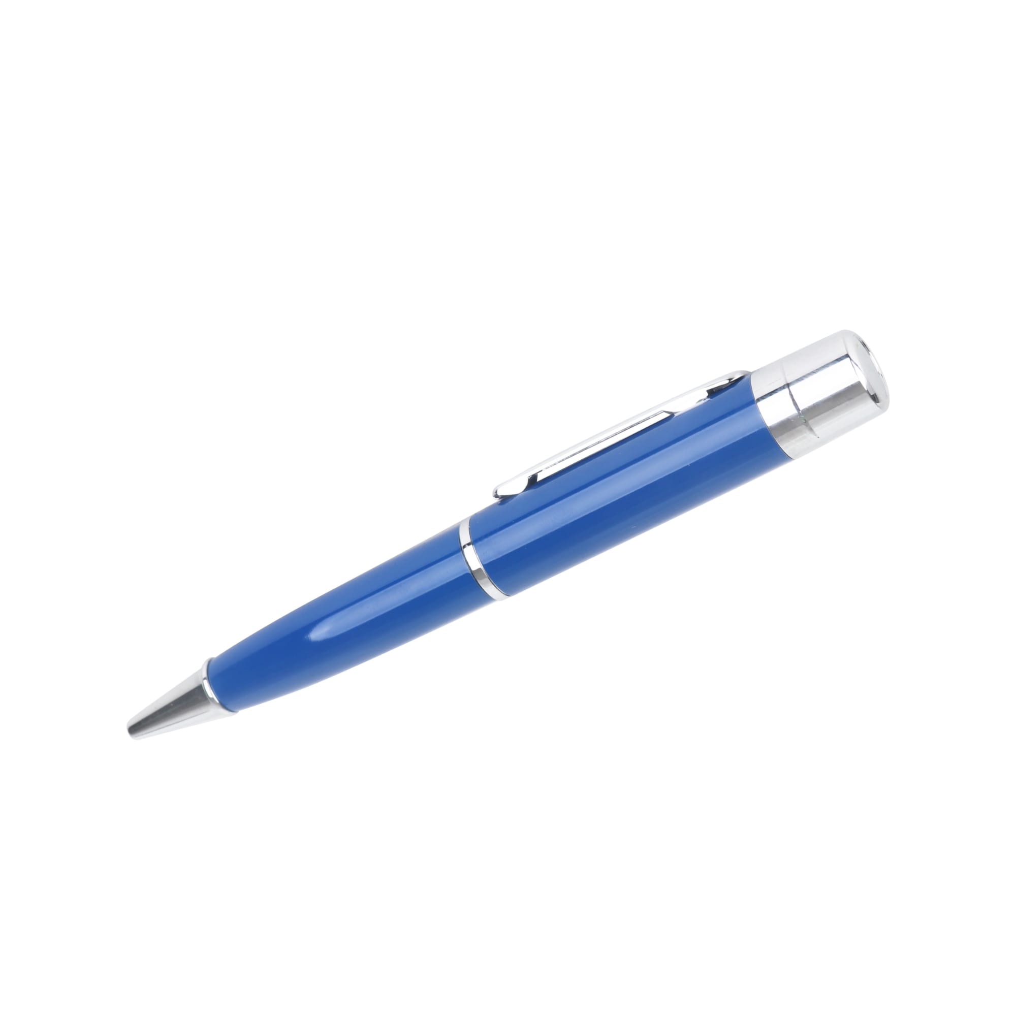 A blue metal pen with silver accents, featuring a smooth finish and a clip for easy attachment.