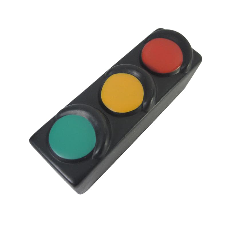 A traffic light shape stress reliever in black, featuring green, yellow, and red buttons. Includes a logo.
