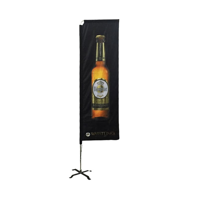 A tall rectangular banner featuring a bottle of beer on a black background, with a stand for display.