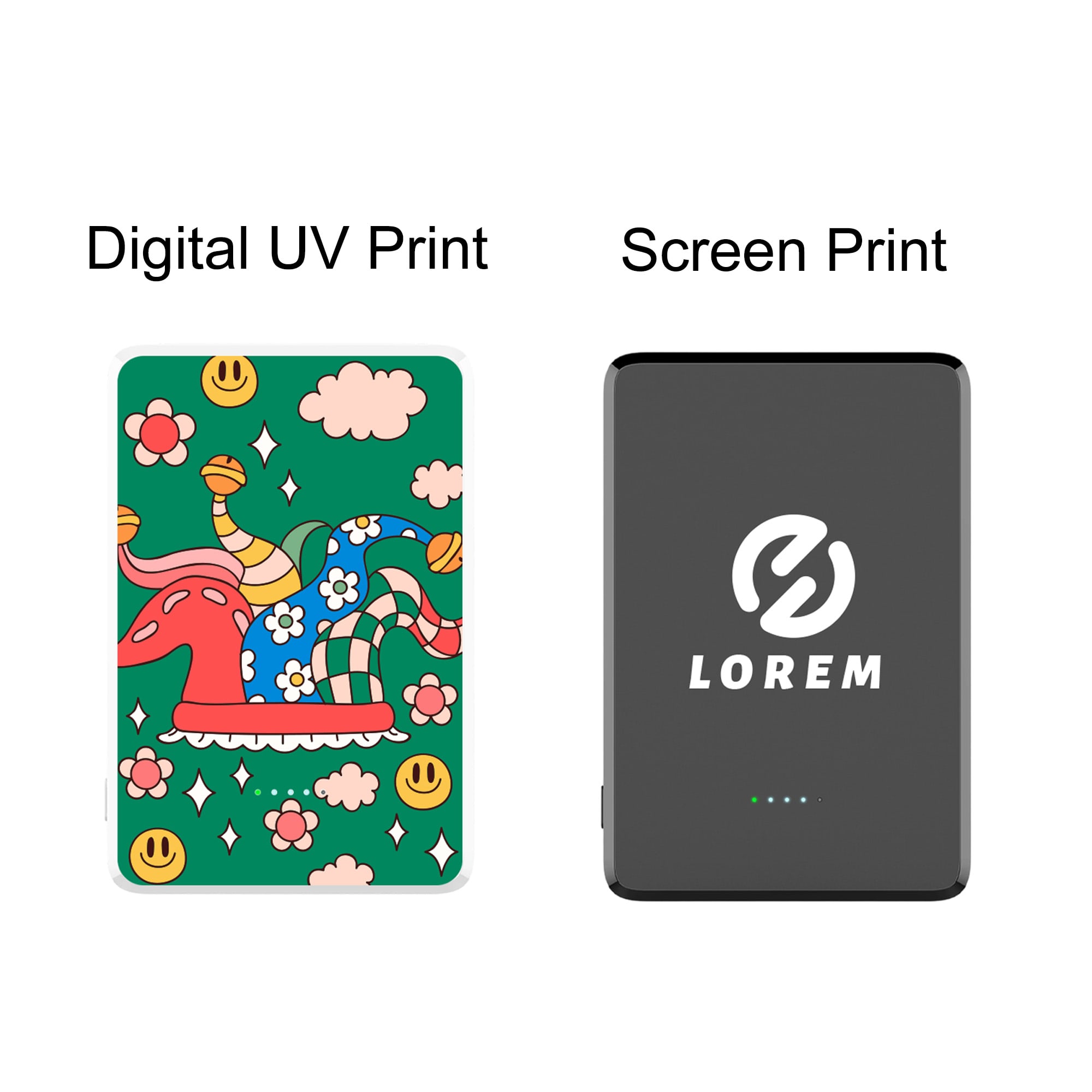A colourful power bank featuring a playful design on one side and a sleek black finish with a logo on the other.