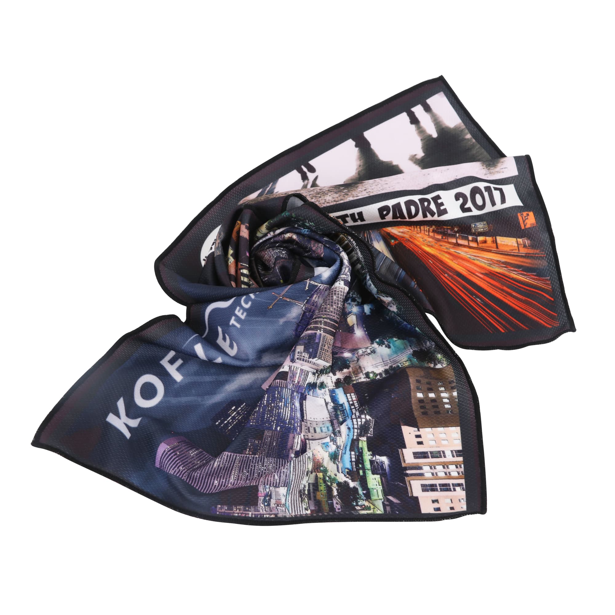 A patterned cooling towel featuring vibrant images, predominantly in dark tones with bright accents, and includes a logo.