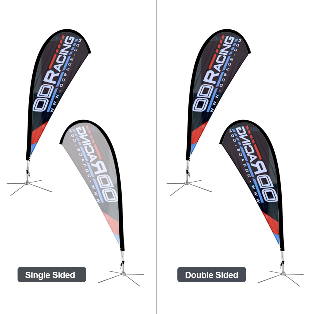 Teardrop banners in black with red accents, featuring a logo and available in single-sided and double-sided options.