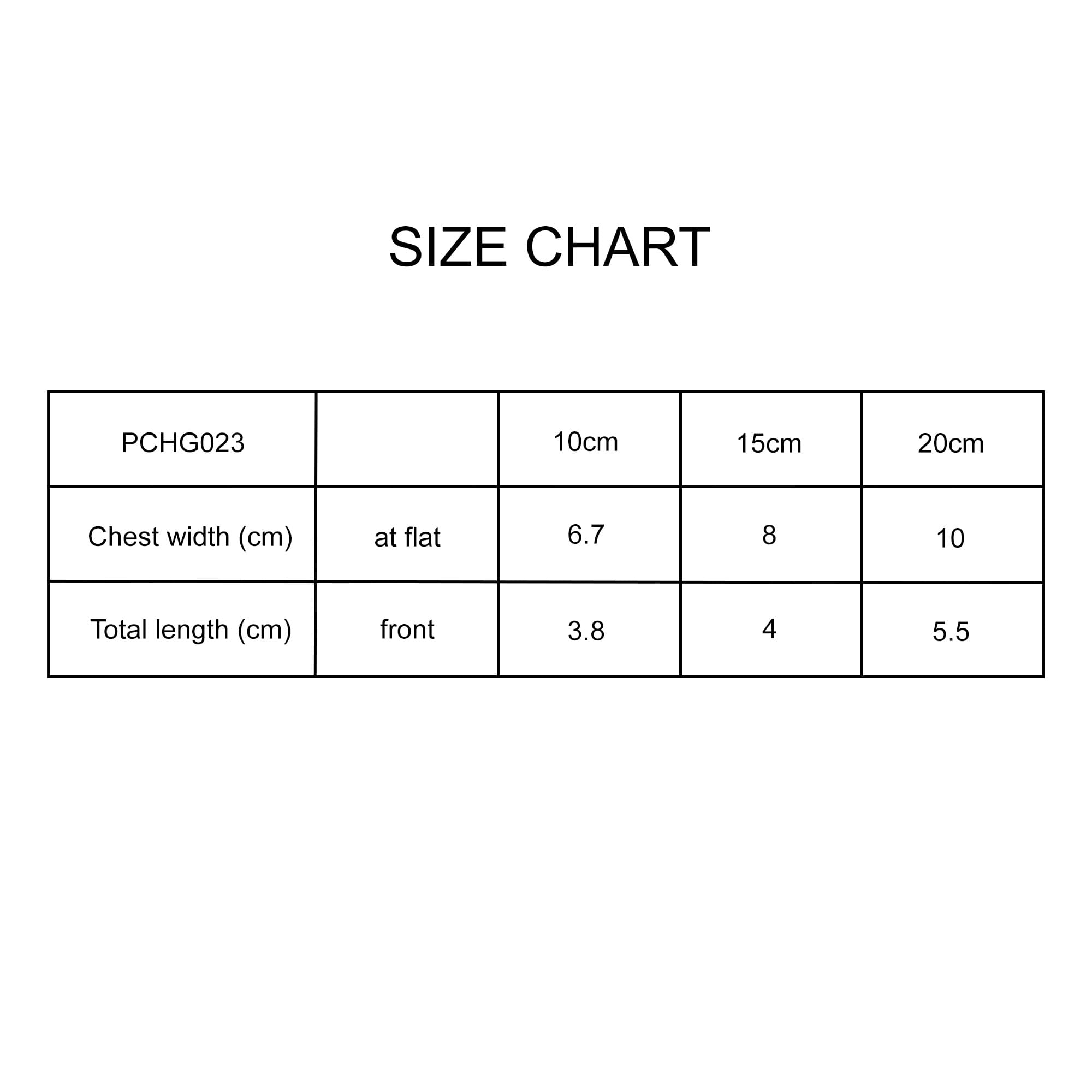 A size chart displaying measurements for a plush doll tank top in centimetres. Includes chest width and total length.