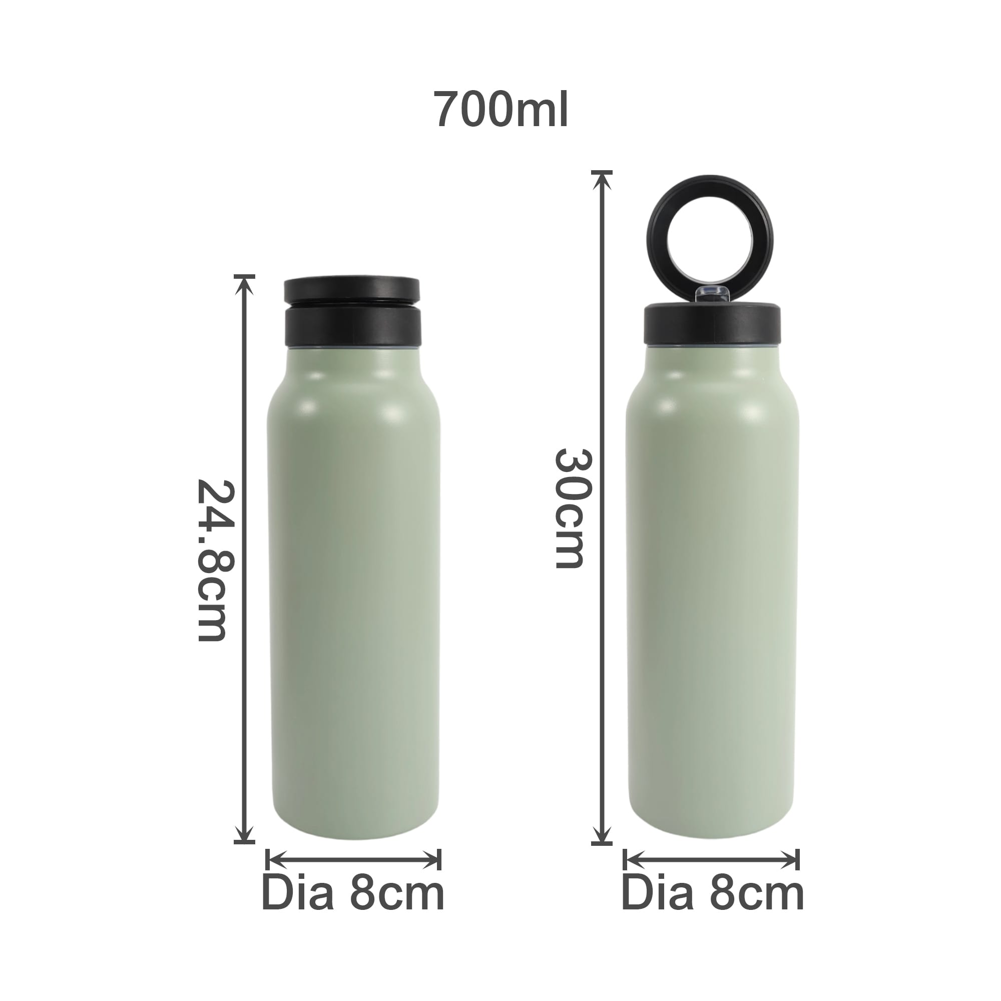A drink bottle in a soft green colour, featuring a magnetic phone holder and a sleek design. Includes branding.