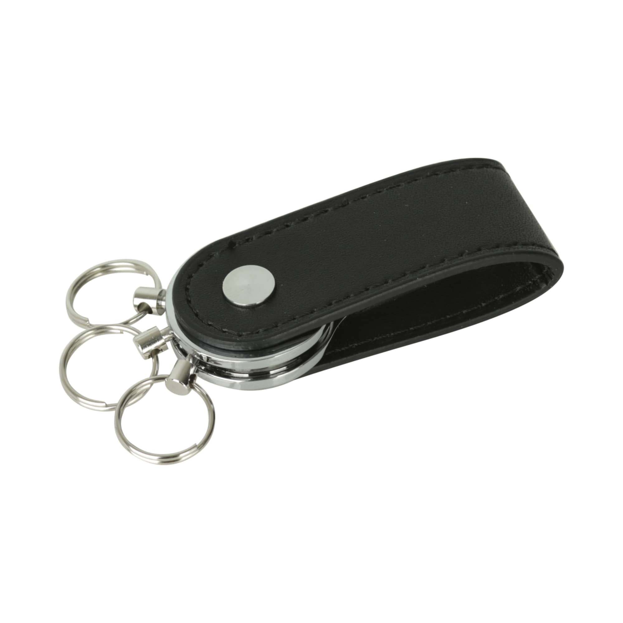 A black PU leather swivel drive with three metal keyrings attached.