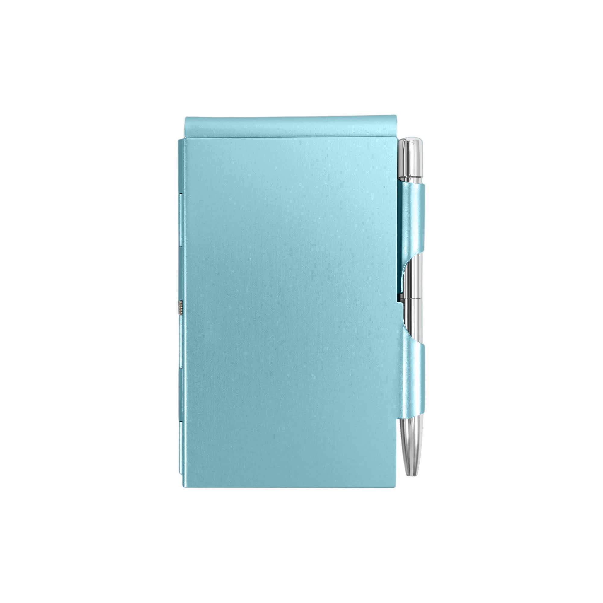 A light blue aluminium pocket notebook with a silver pen attached, featuring a sleek design and a logo.