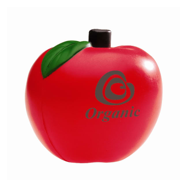 A red apple-shaped stress reliever with a green leaf and a black stem, featuring a logo.