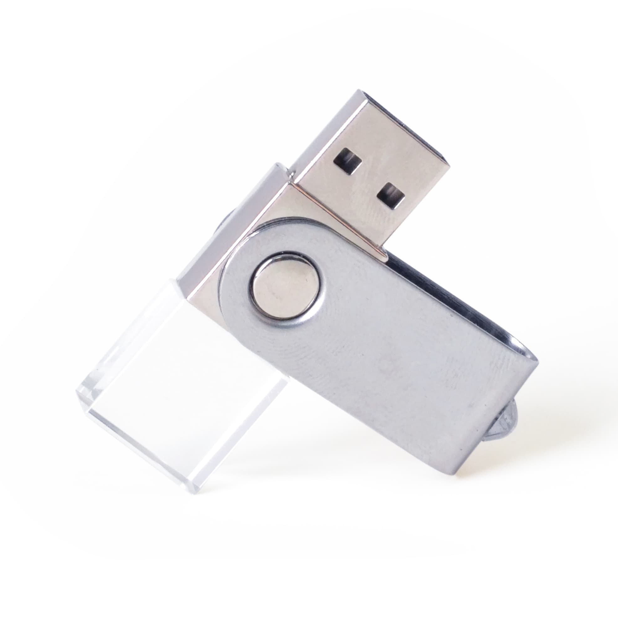 A mini swivel crystal flash drive in silver and clear, featuring a metal swivel mechanism and an embedded logo.