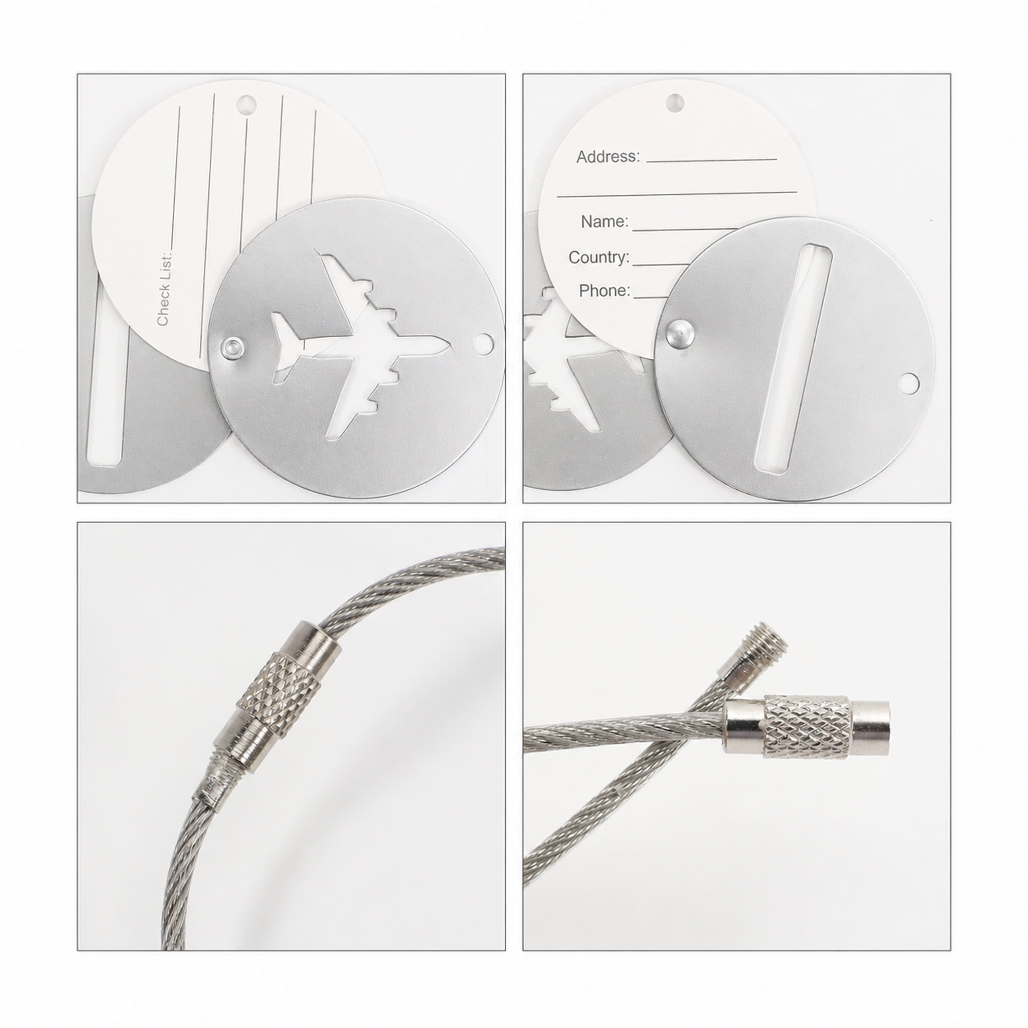 A silver wire cable luggage tag set featuring round tags with a plane design and address label space.