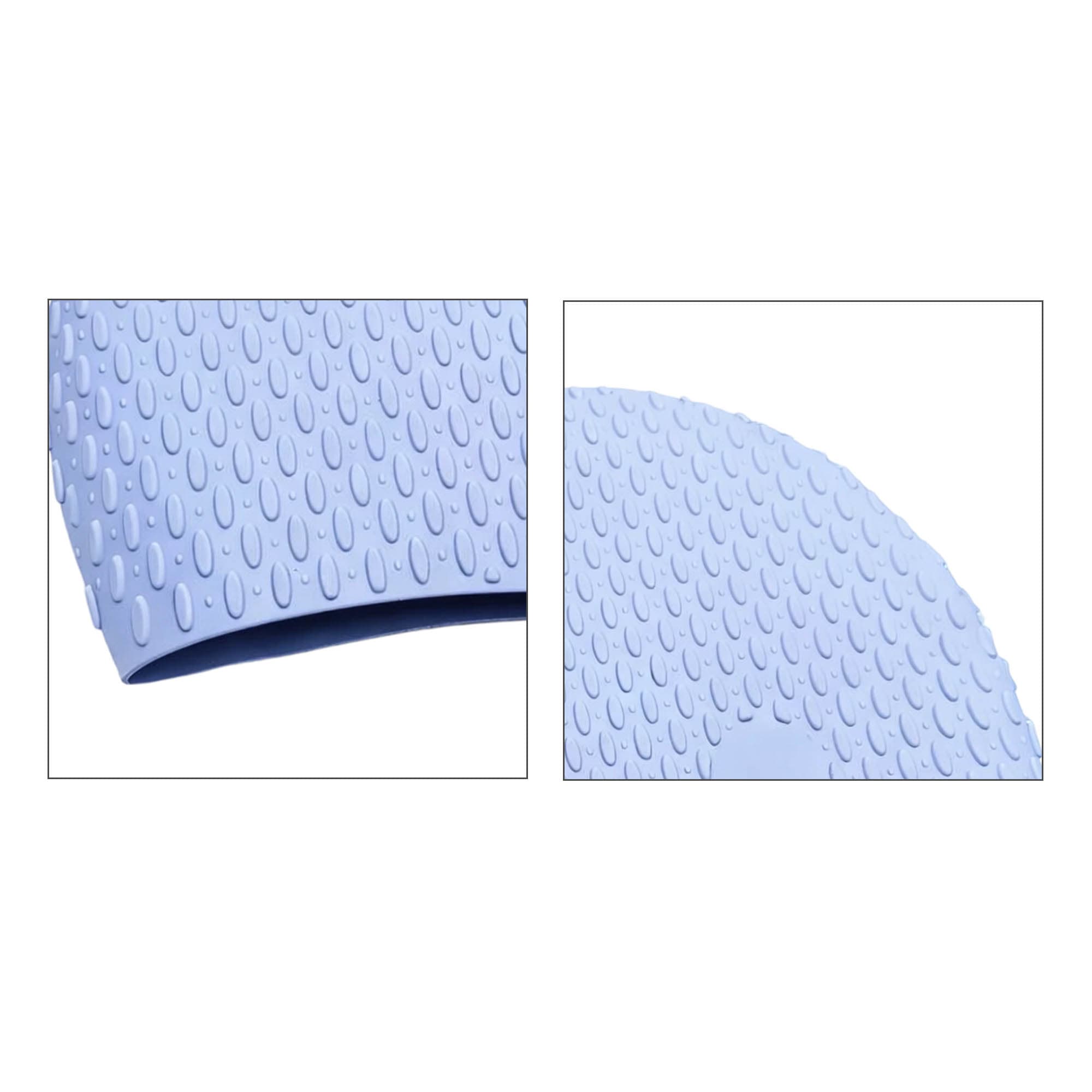 A blue silicone swimming cap featuring a textured surface with water droplets. It has a branding logo.