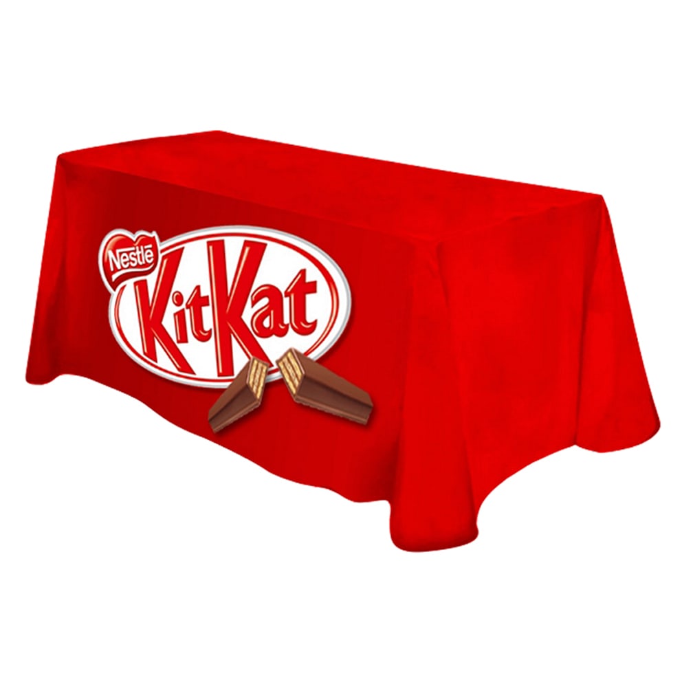 A red 4-sided throw tablecloth featuring a logo and imagery for Kit Kat chocolate bars.