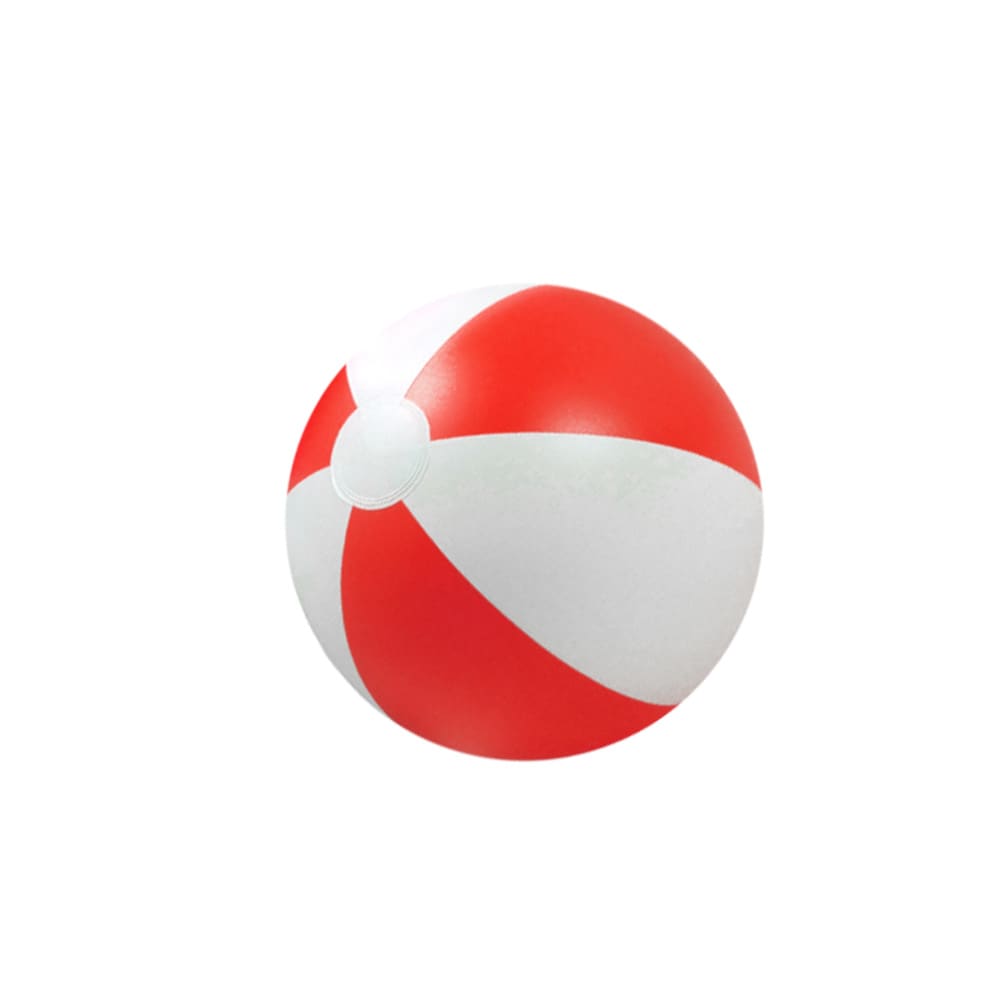 An inflatable beach ball with red and white stripes, featuring a small logo on its surface.