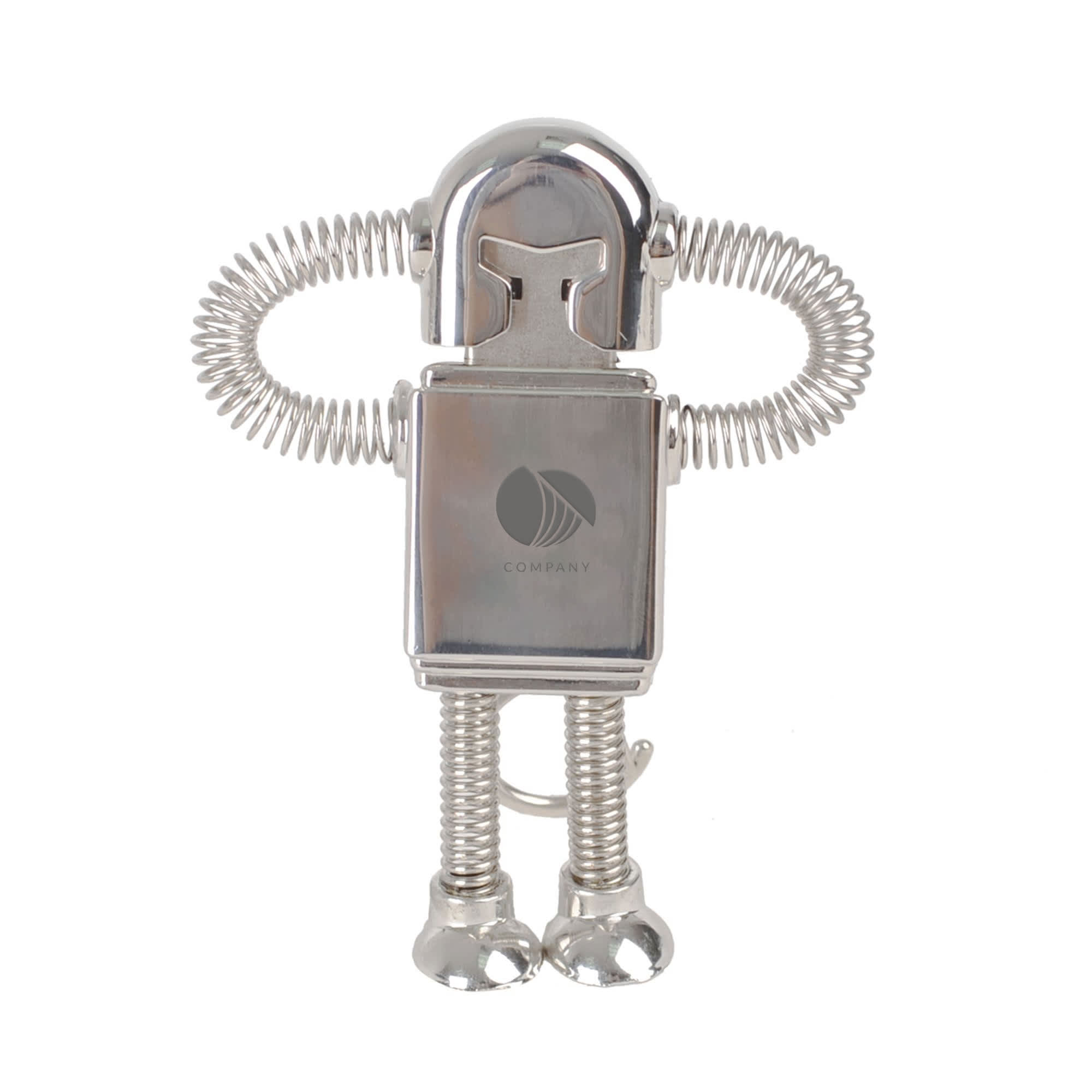 A shiny silver robot-shaped flash drive with coiled arms and legs. The product features a logo on the surface.