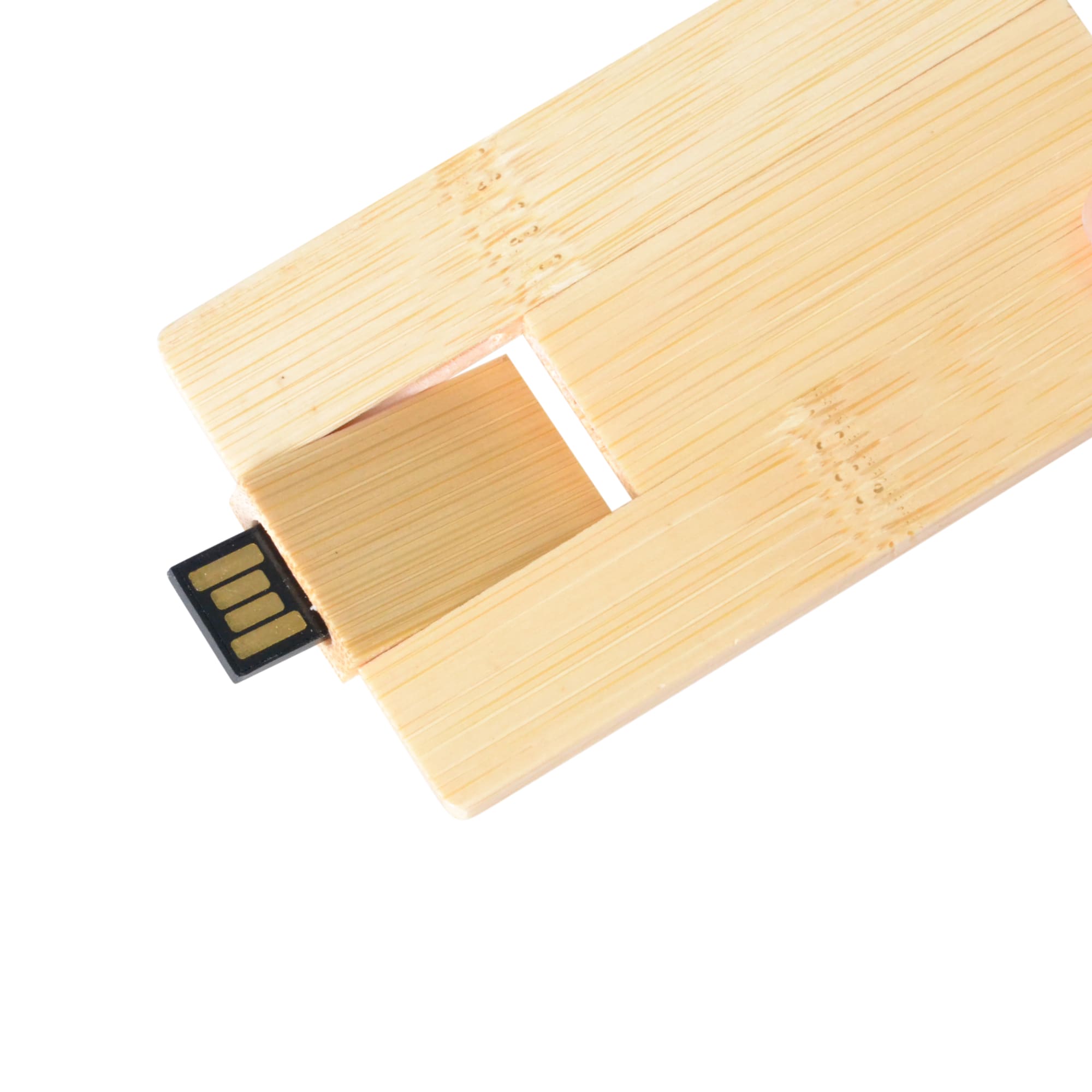 A wooden credit card flash drive in a natural finish, featuring a retractable USB connector.
