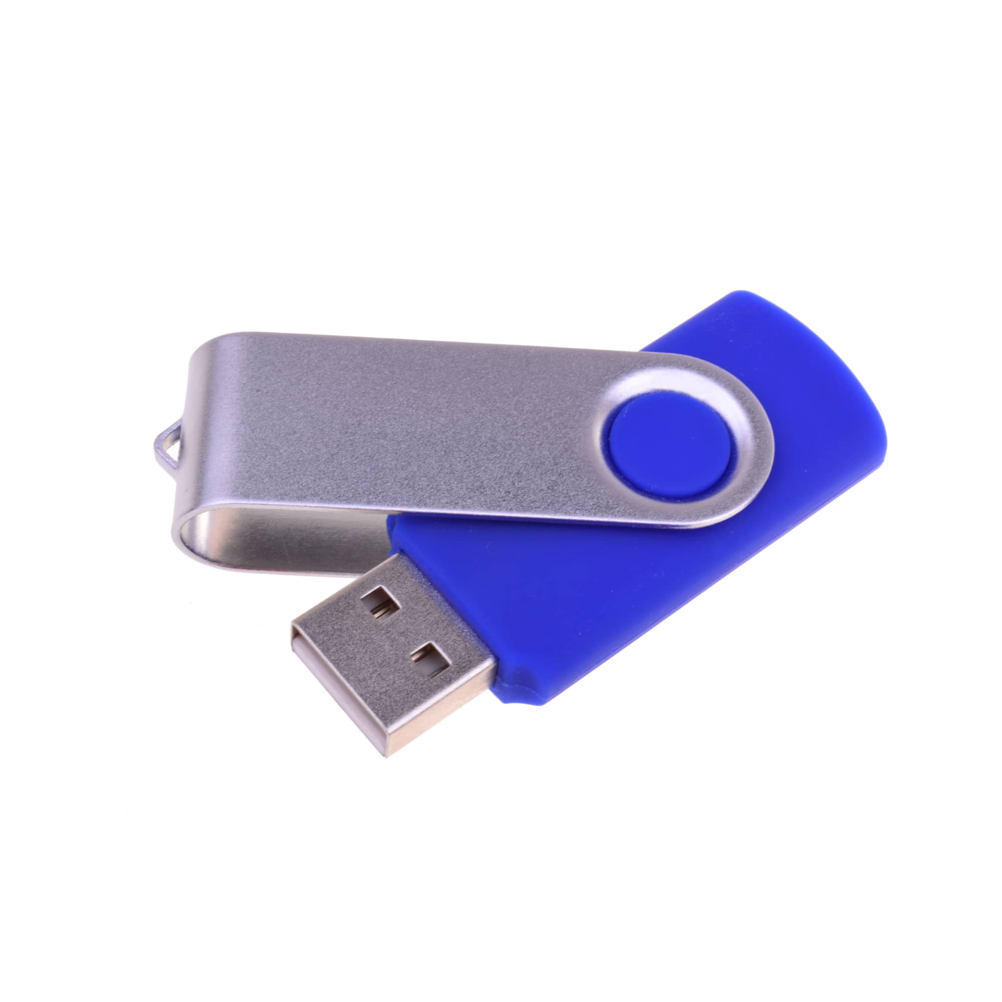 A blue Belton swivel flash drive with a metallic swivel cap, featuring a logo on the side.