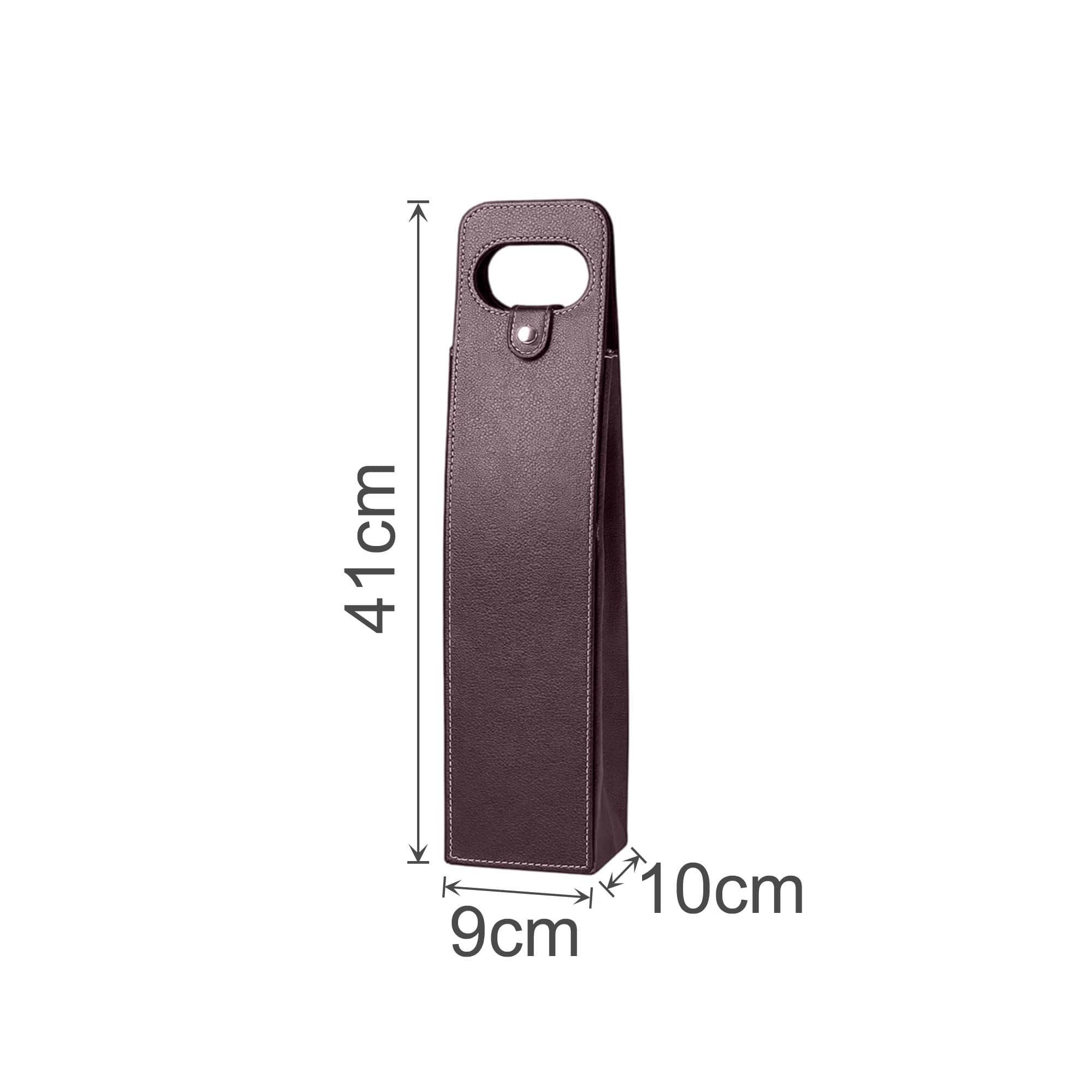 A wine bottle bag in dark purple with a handle and measurements of 41cm height, 9cm width, and 10cm depth.