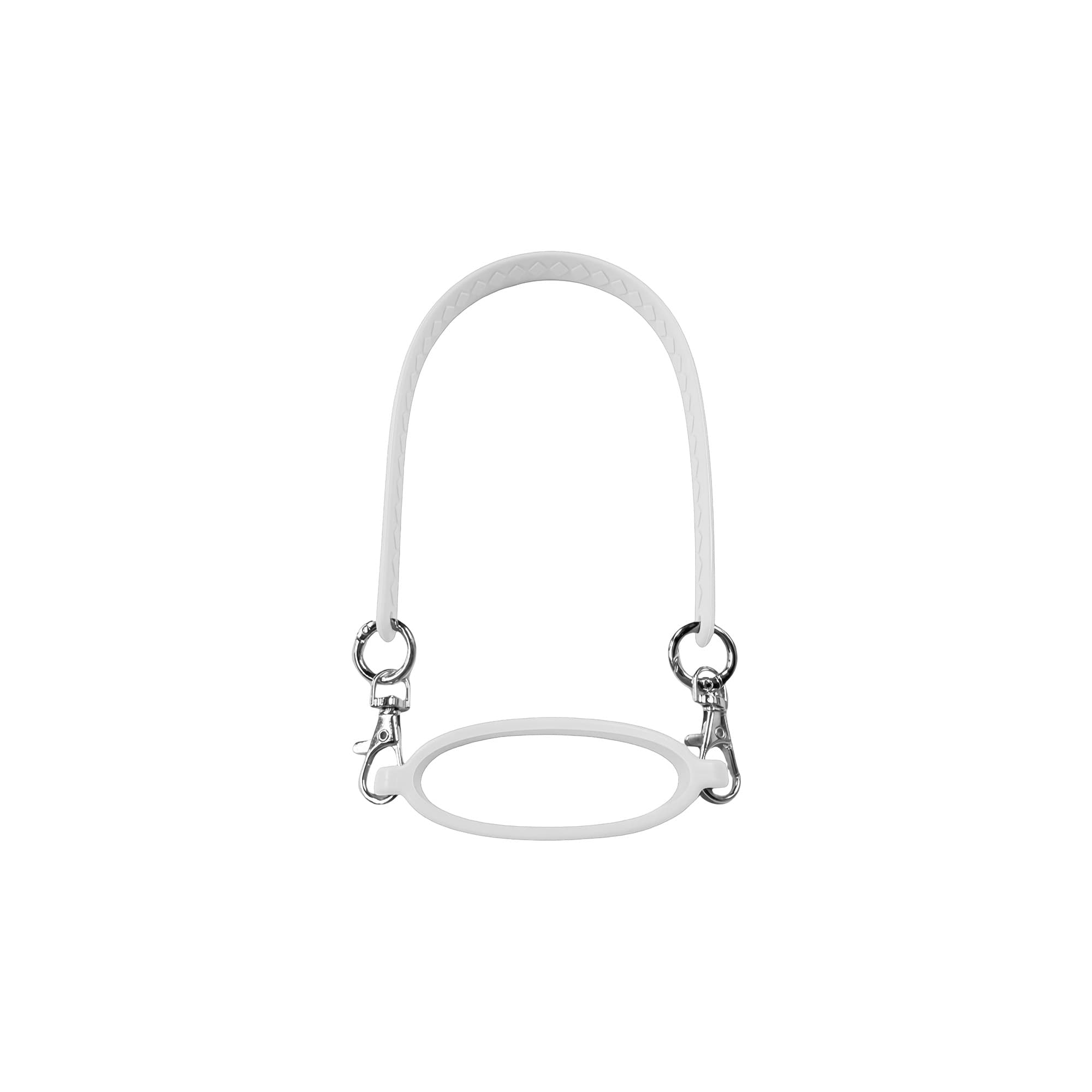 A drink bottle carry strap in white, featuring metal clips for attachment. The design is sleek and ergonomic.