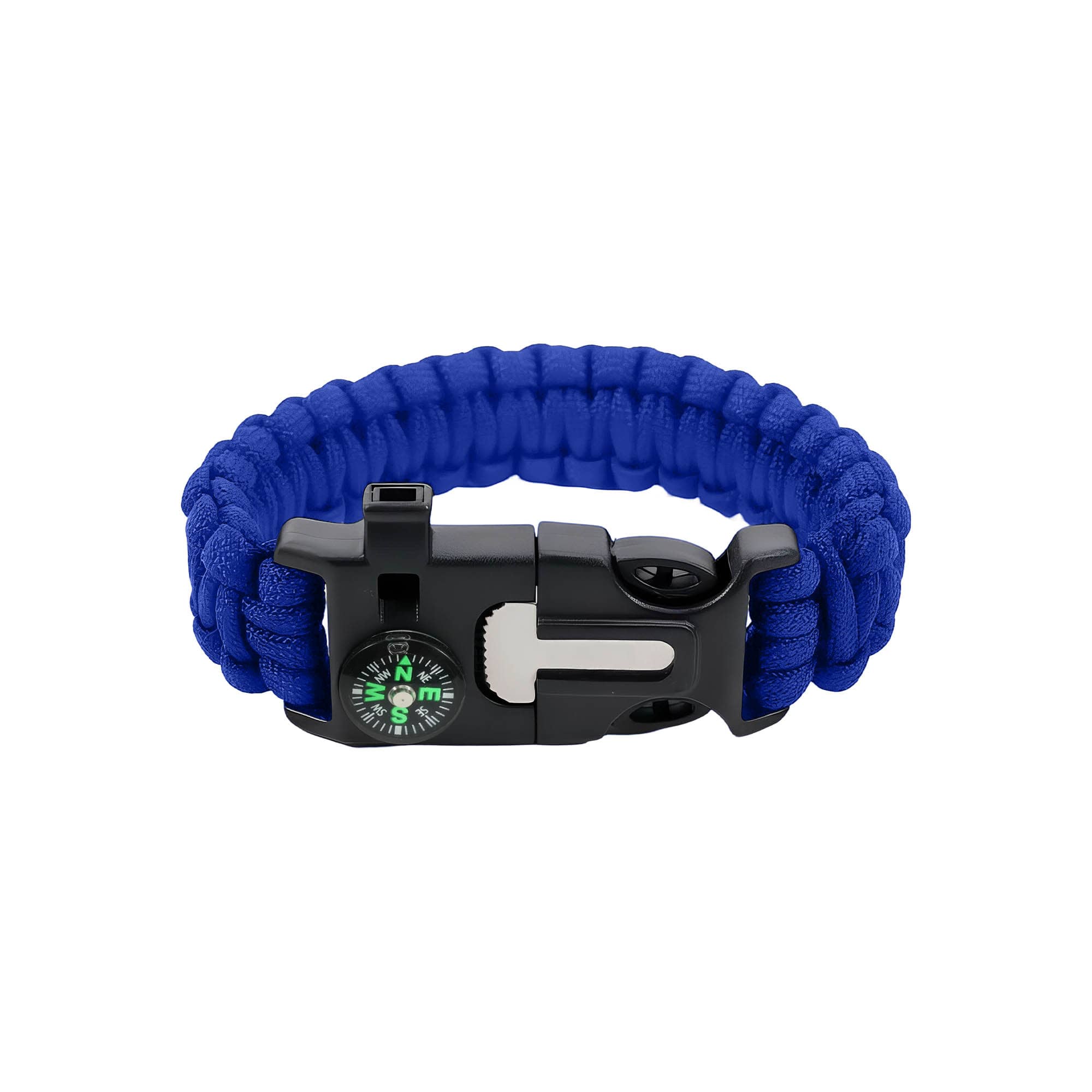 A blue survival bracelet featuring a compass and a secure clasp. The bracelet is made of durable paracord.