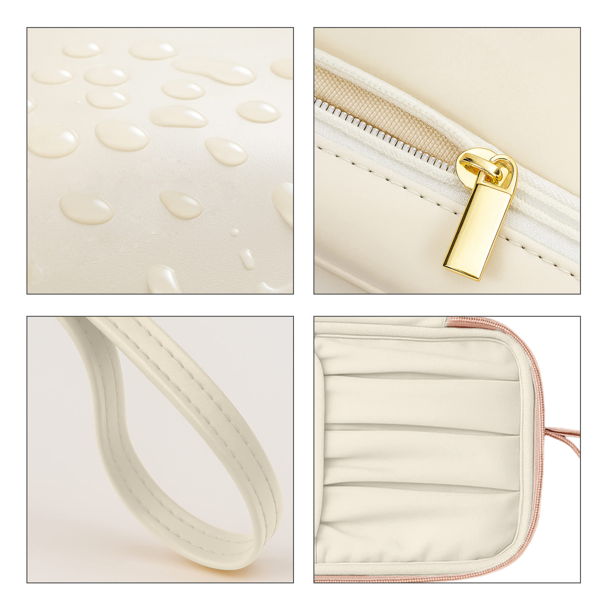 A cream PU toiletry bag with a water-resistant surface, gold zipper, sturdy handle, and organised interior compartments.