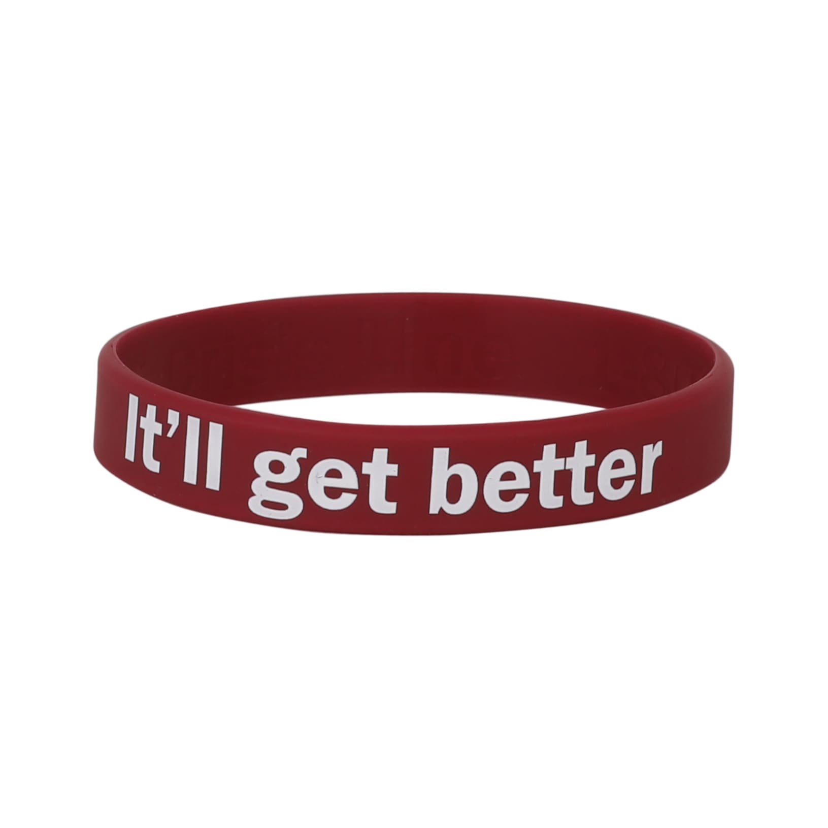 A red silicone wristband with the phrase “It’ll get better” printed in white. The wristband includes a logo.