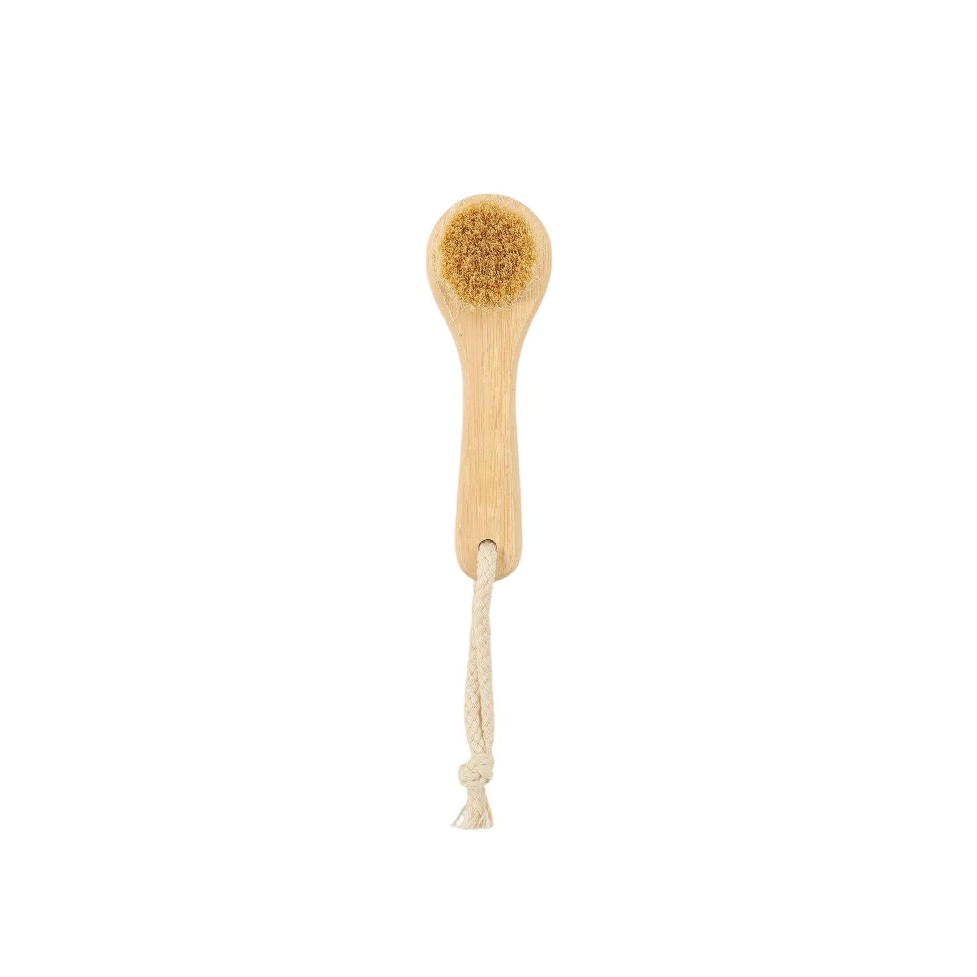 A natural wooden face brush with a bamboo handle and soft bristles, featuring a rope for hanging.