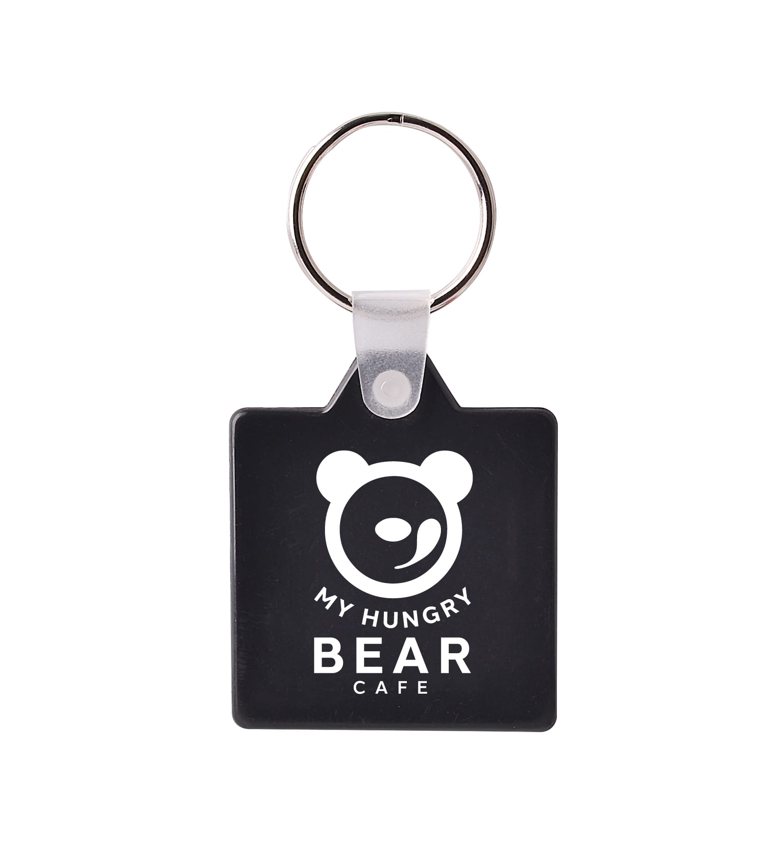 A square hard plastic keyring in black featuring a design with a bear logo and a silver keyring attachment.