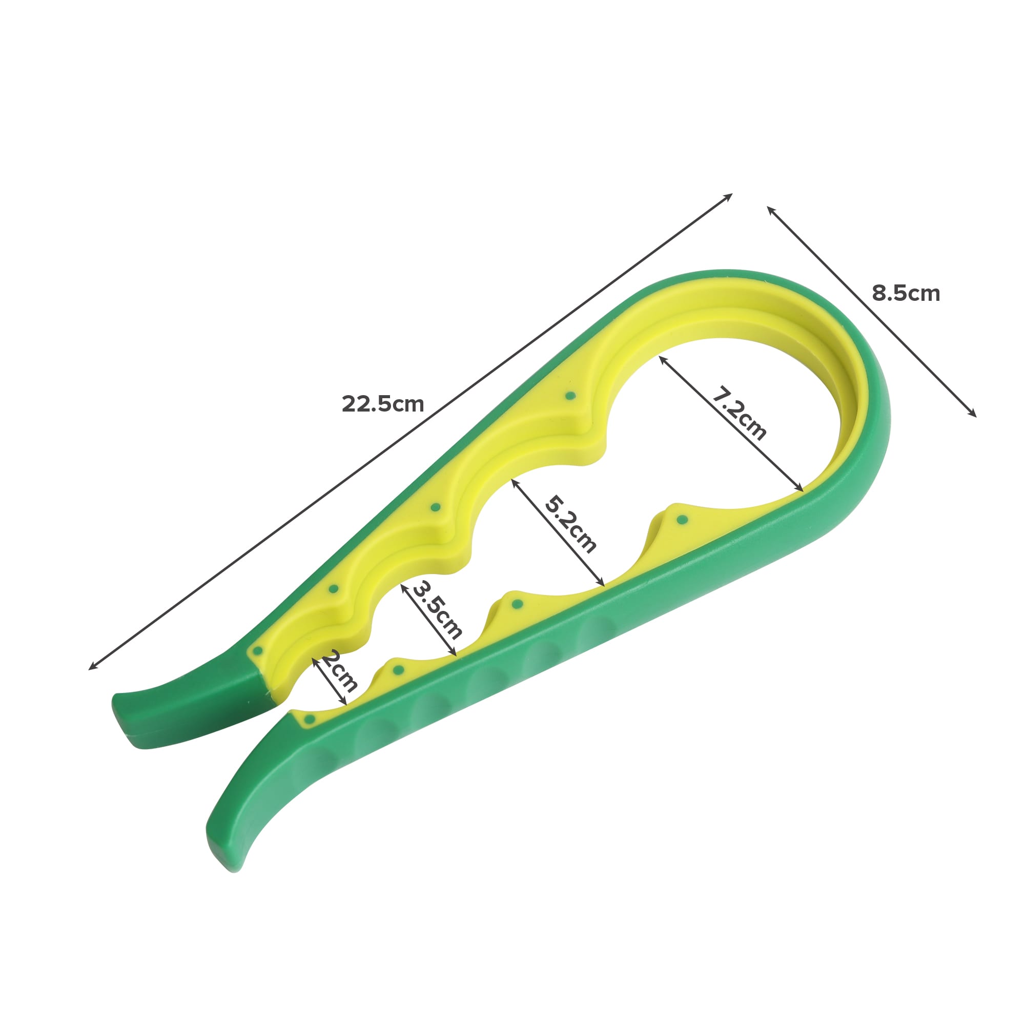 A green and yellow multi-purpose jar opener with a textured grip, designed for opening various jar lids.