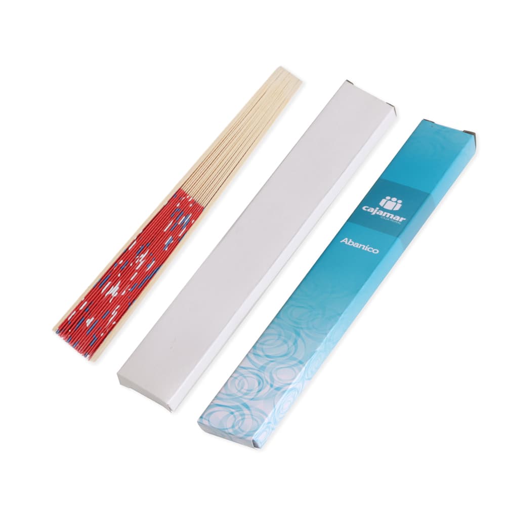 A Chinese foldable fan in red and beige, displayed in a protective box with a logo.