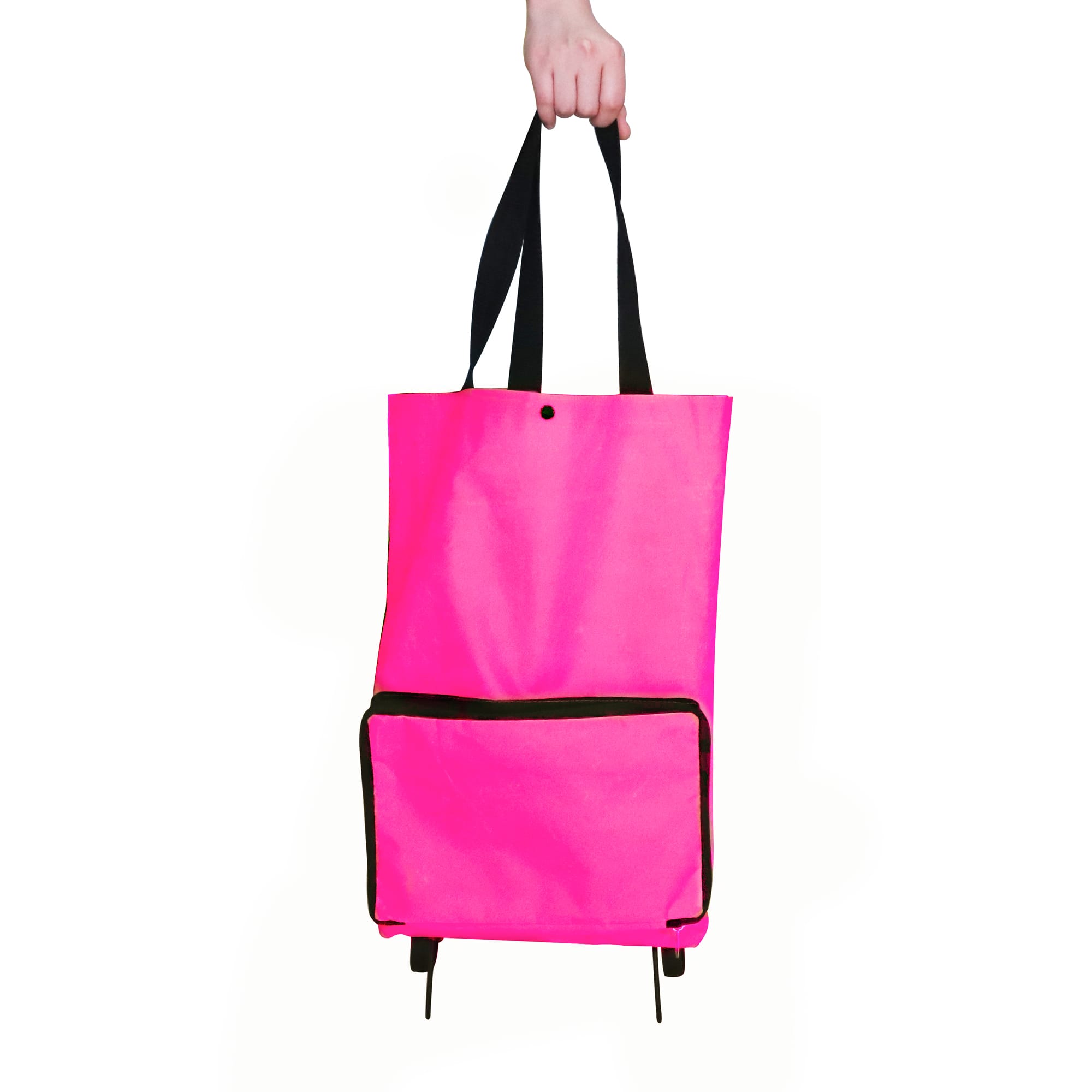 A bright pink collapsible shopping trolley bag with black accents and a front pocket, held by a hand.