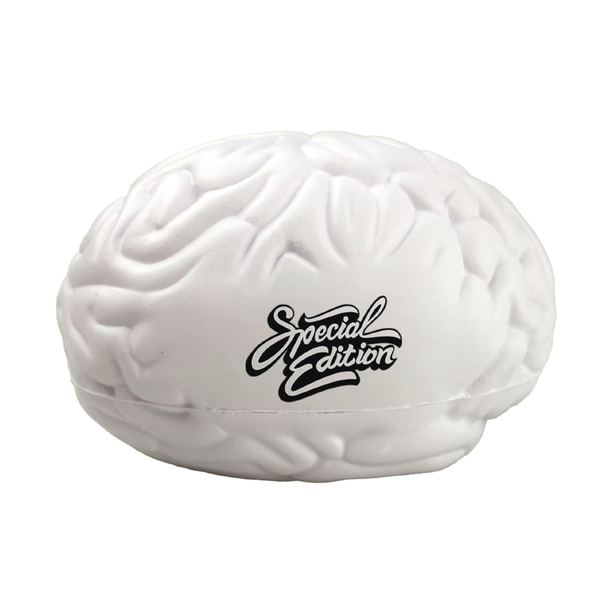 A white brain-shaped stress reliever with a textured surface and a logo on one side.
