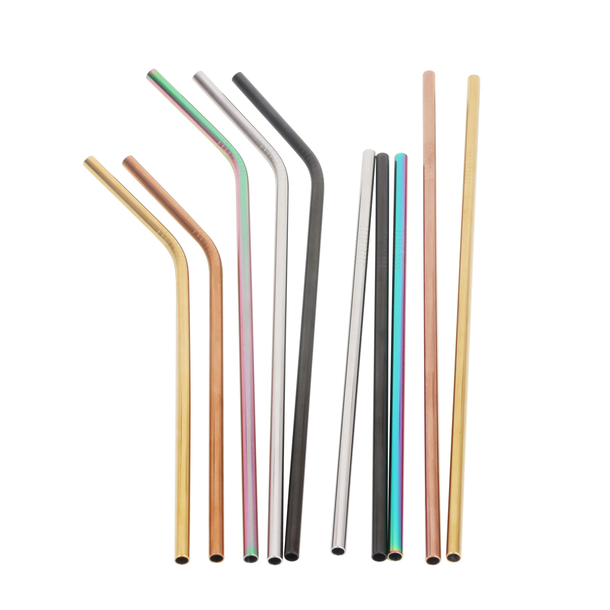 A selection of stainless steel drinking straws in various colours, including gold, copper, silver, black, and green.