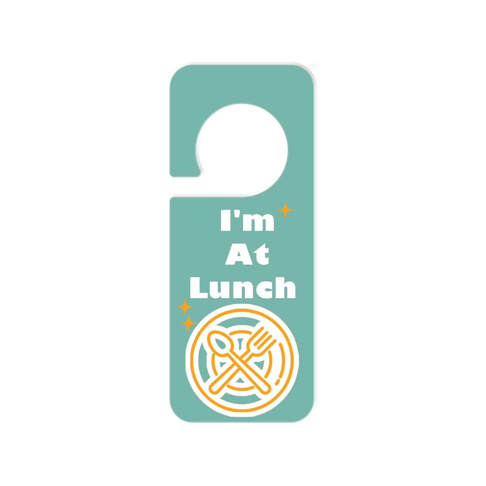 A custom shape acrylic door hanger in a teal colour with a fork and knife design. It has a circular cut-out for hanging.