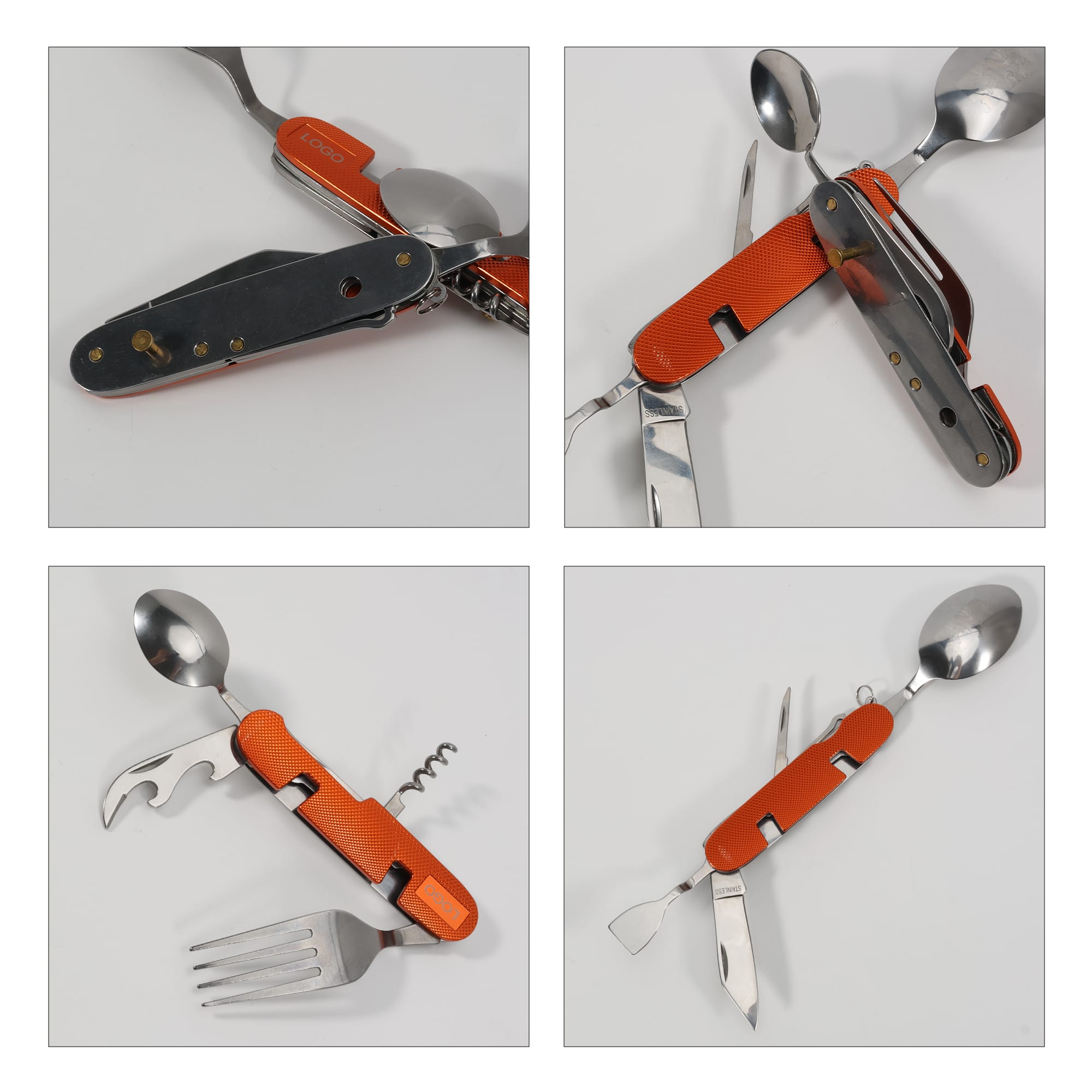Multi-function camping flatware utensil in orange and silver, featuring a spoon, fork, knife, bottle opener, and corkscrew.