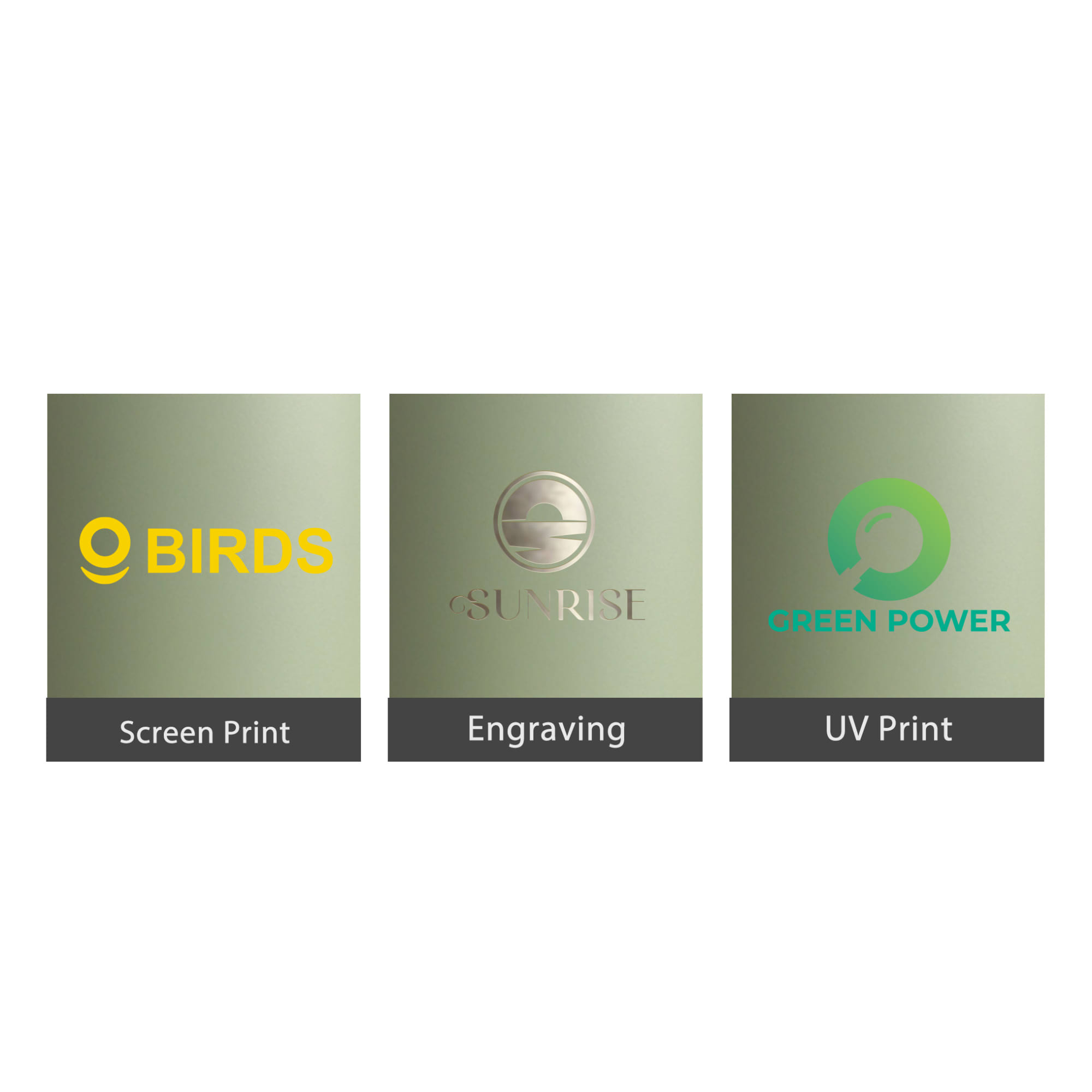 Three sections featuring different printing methods: Screen Print, Engraving, and UV Print on a green backdrop.