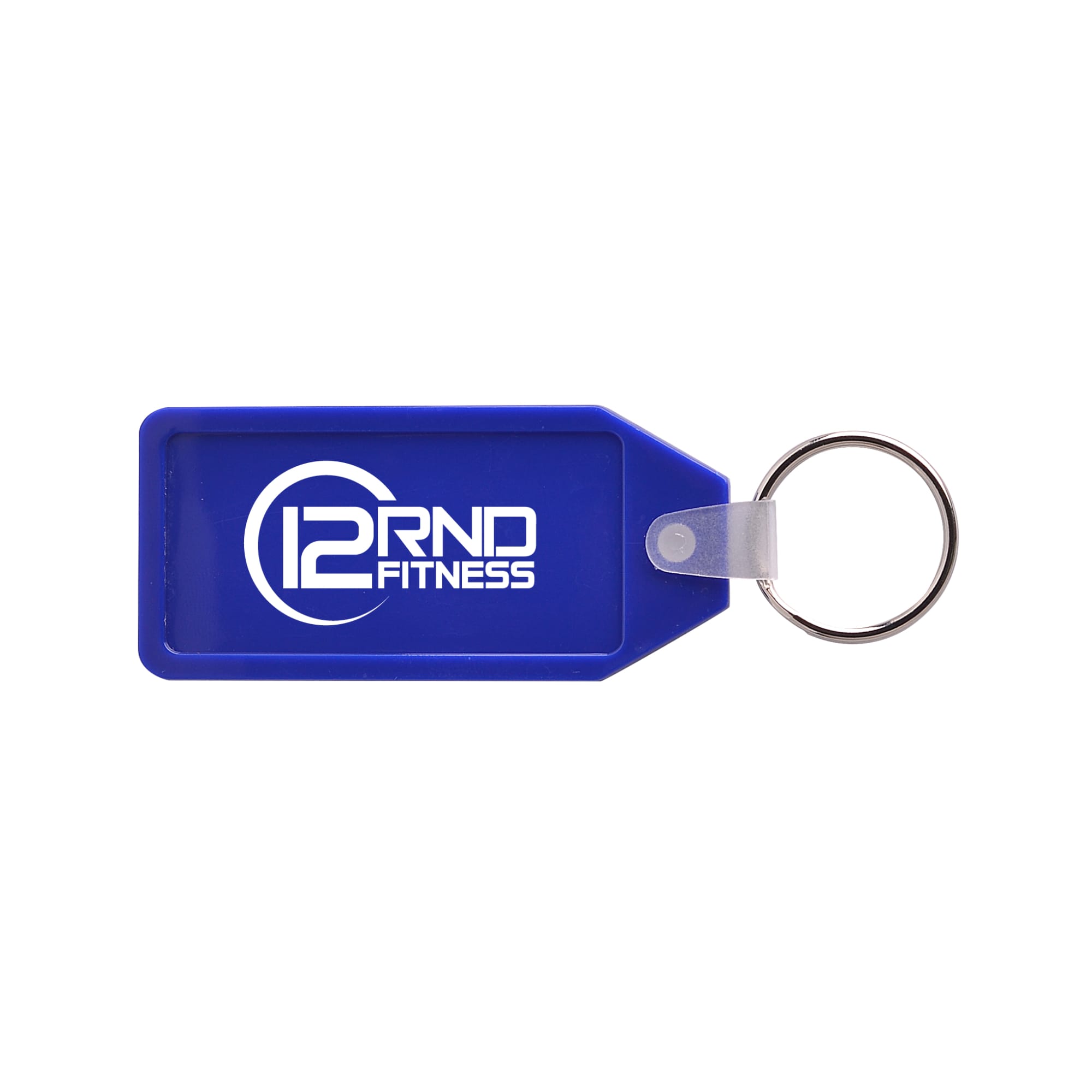 A blue hard plastic keyring featuring a silver keyring attachment and a logo.