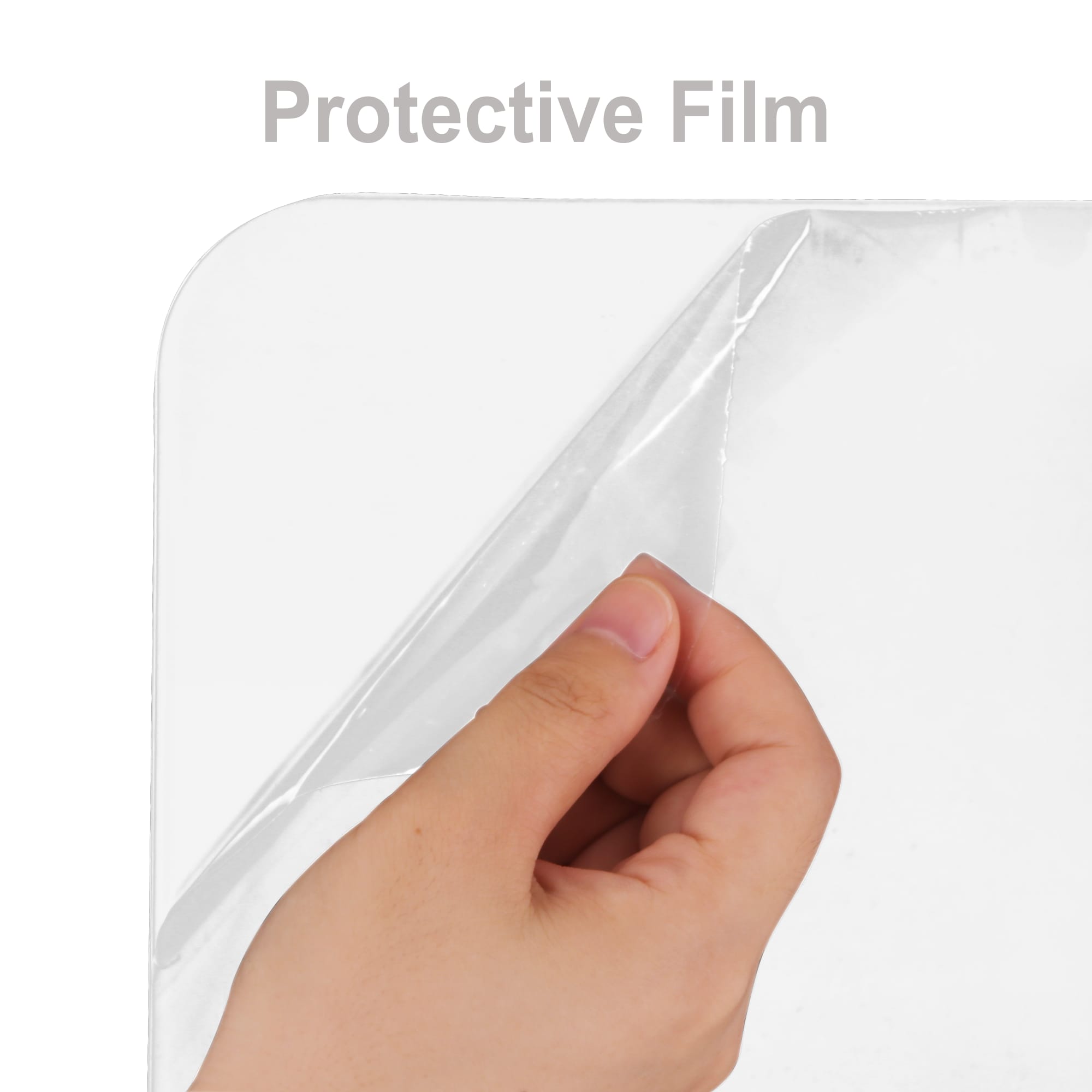 A hand peeling back a clear protective film from a rectangular, transparent screen. The product features a smooth surface.