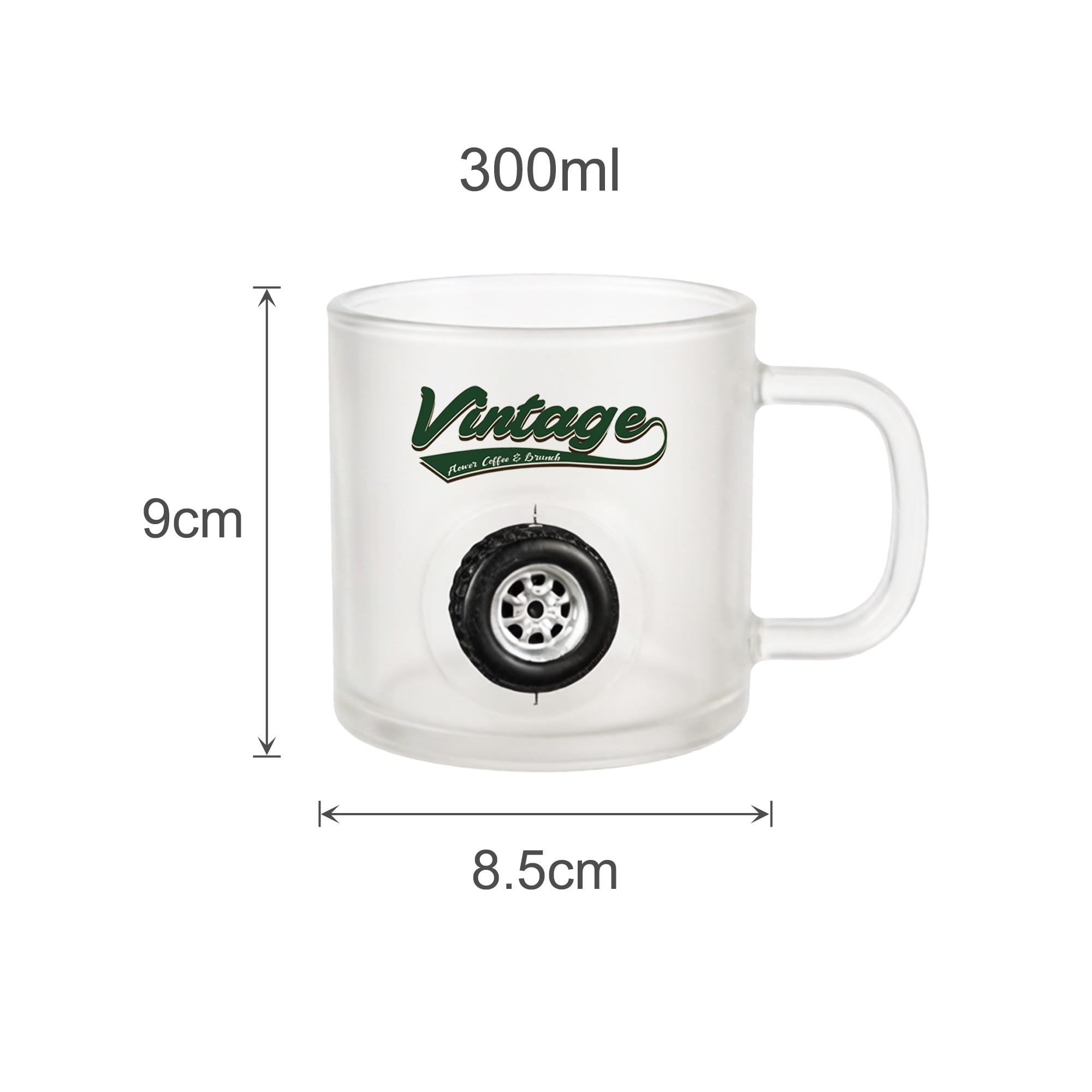 A frosted glass mug featuring a tyre design and a logo, with dimensions of 300ml capacity.