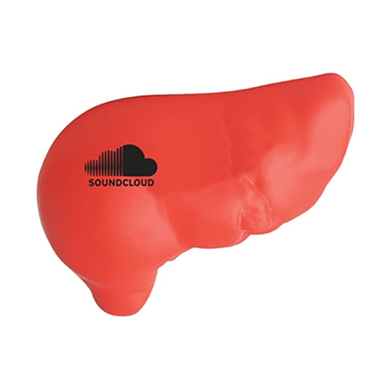 A red liver-shaped stress reliever with a logo on it, designed for stress relief and fun.