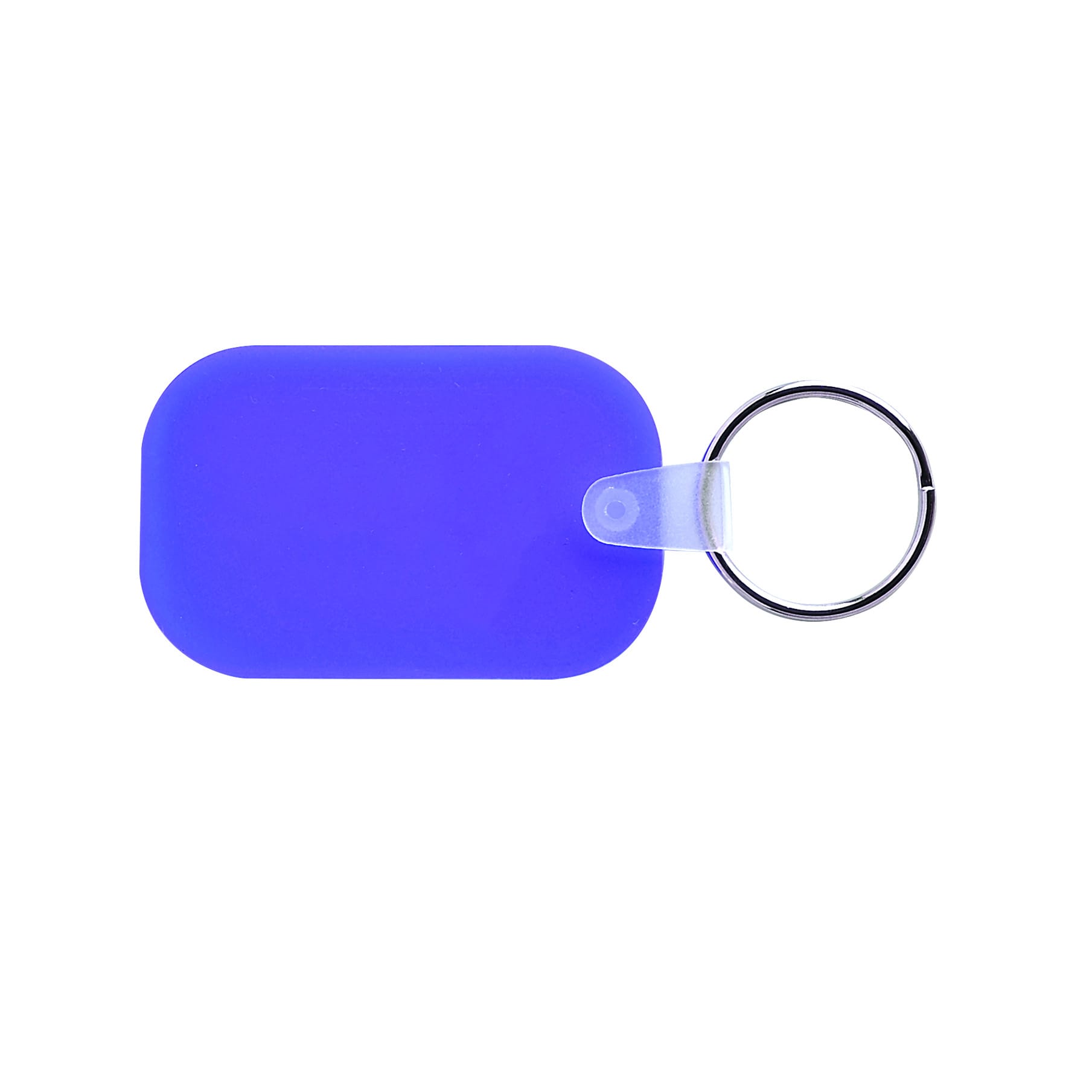 A purple oblong keyring with a silver keyring attachment, featuring a simple design and a smooth surface.