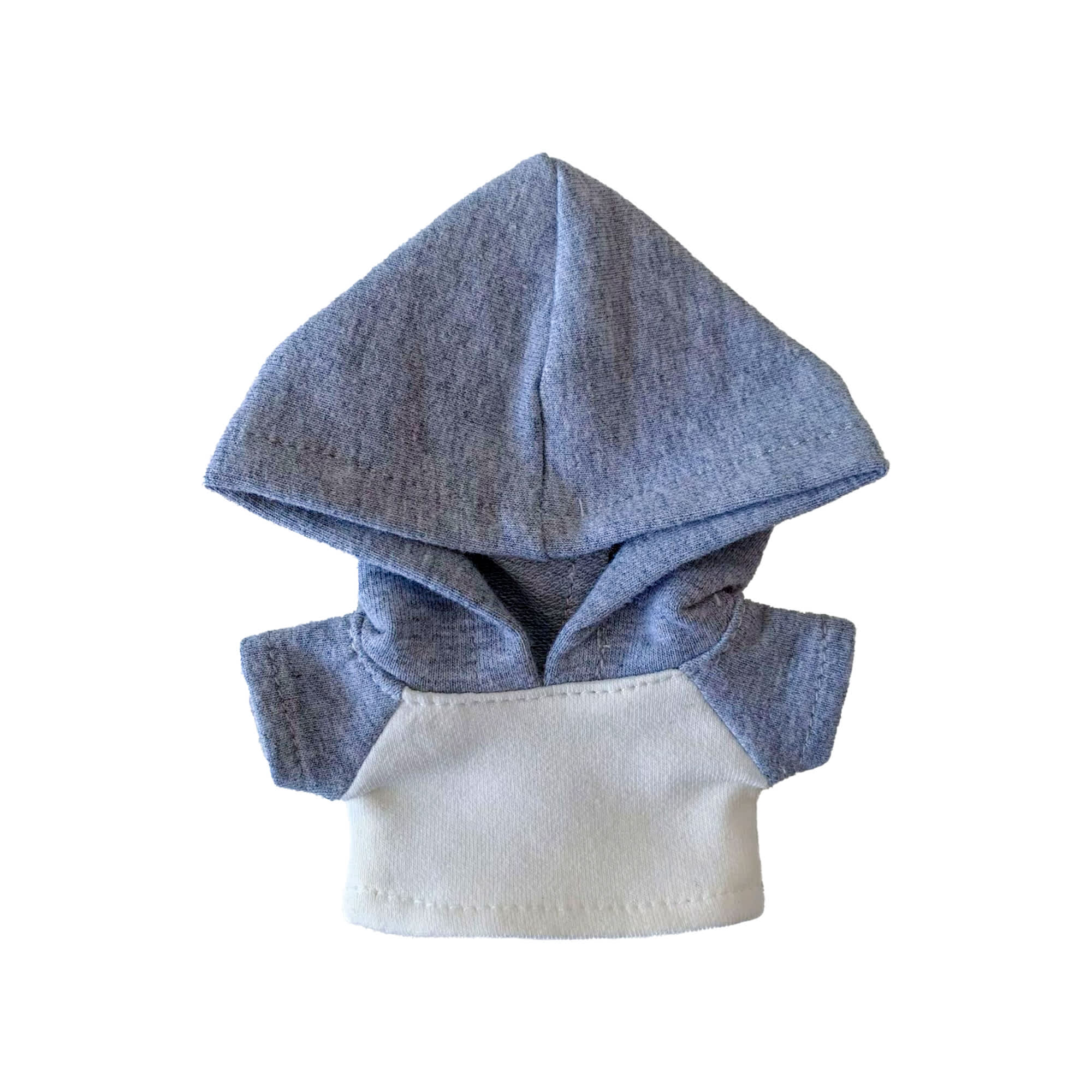 A plush doll hoodie featuring a grey hood and white body, designed with a raglan style. It includes a logo.