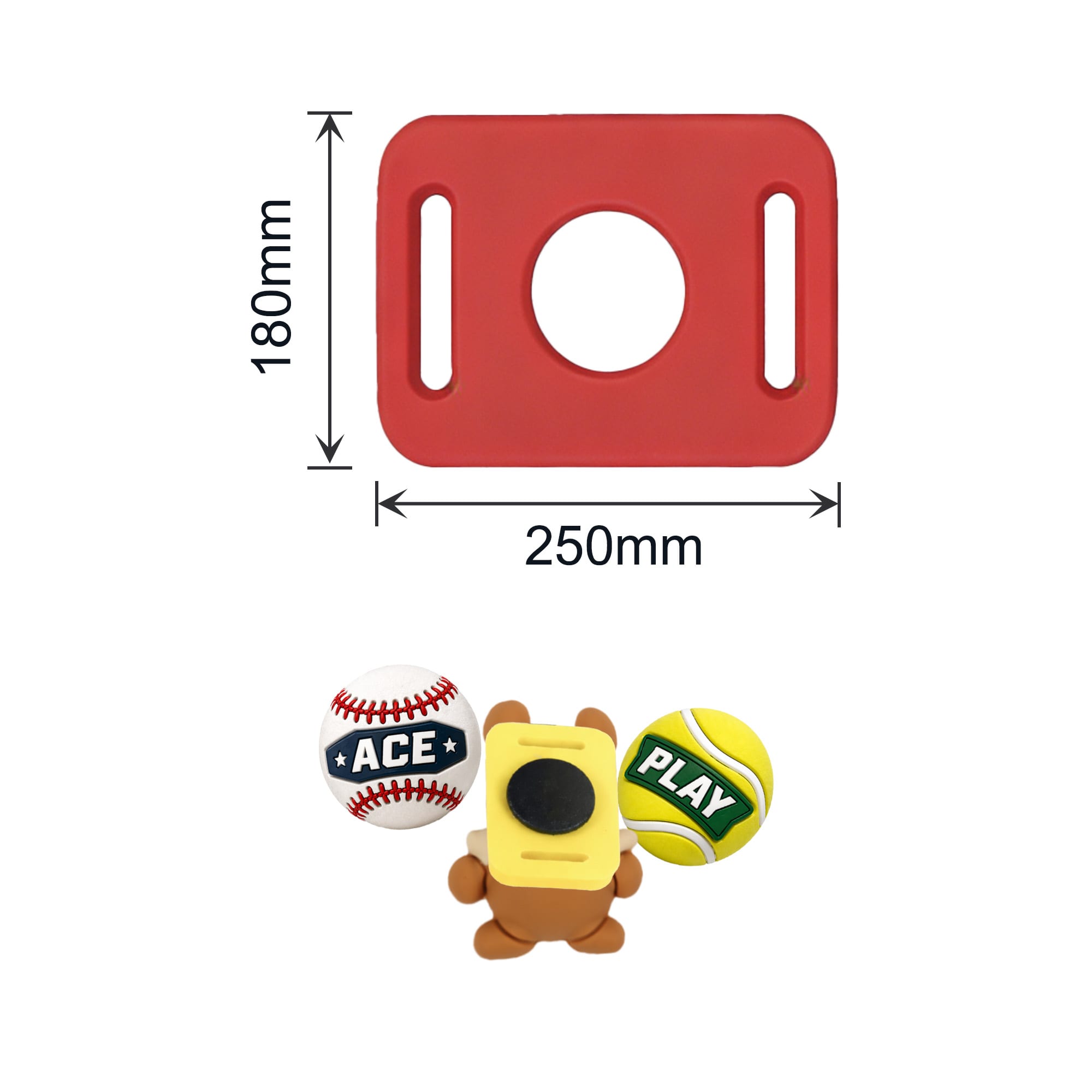 A red 3D custom clog shoe charm with a bear holding a yellow block and two sports balls: a baseball and a tennis ball.