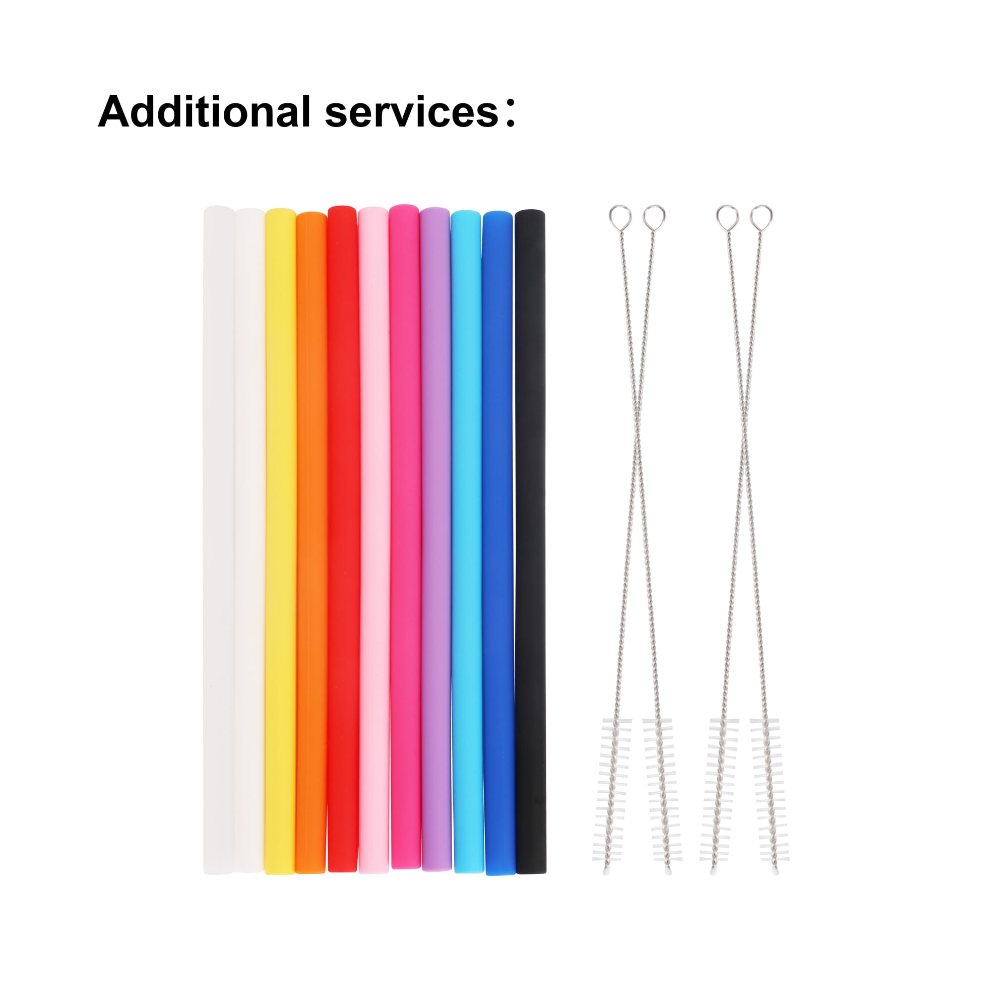 A selection of reusable silicone straws in various colours, accompanied by two cleaning brushes.