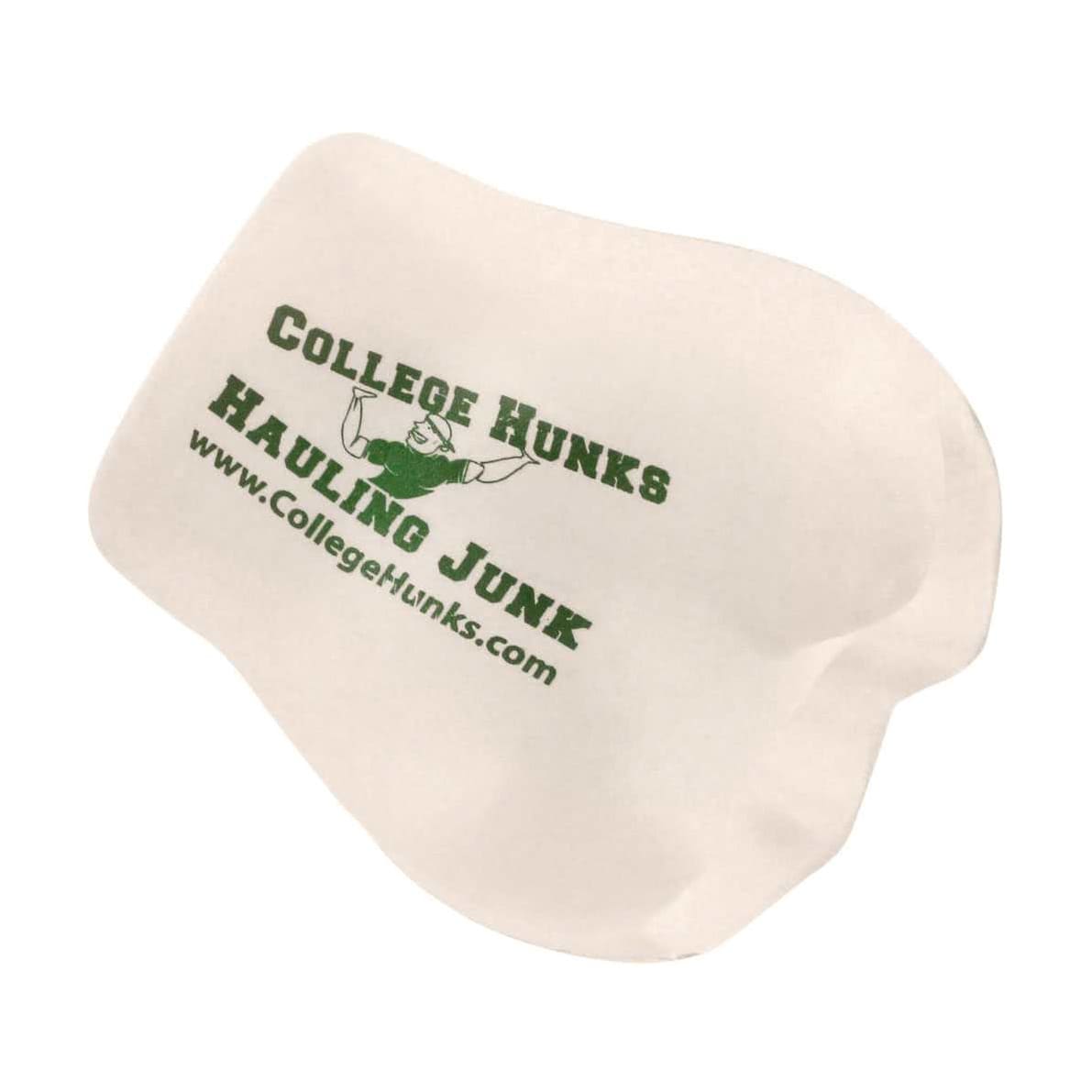 A white stress reliever shaped like a unique object with green branding.