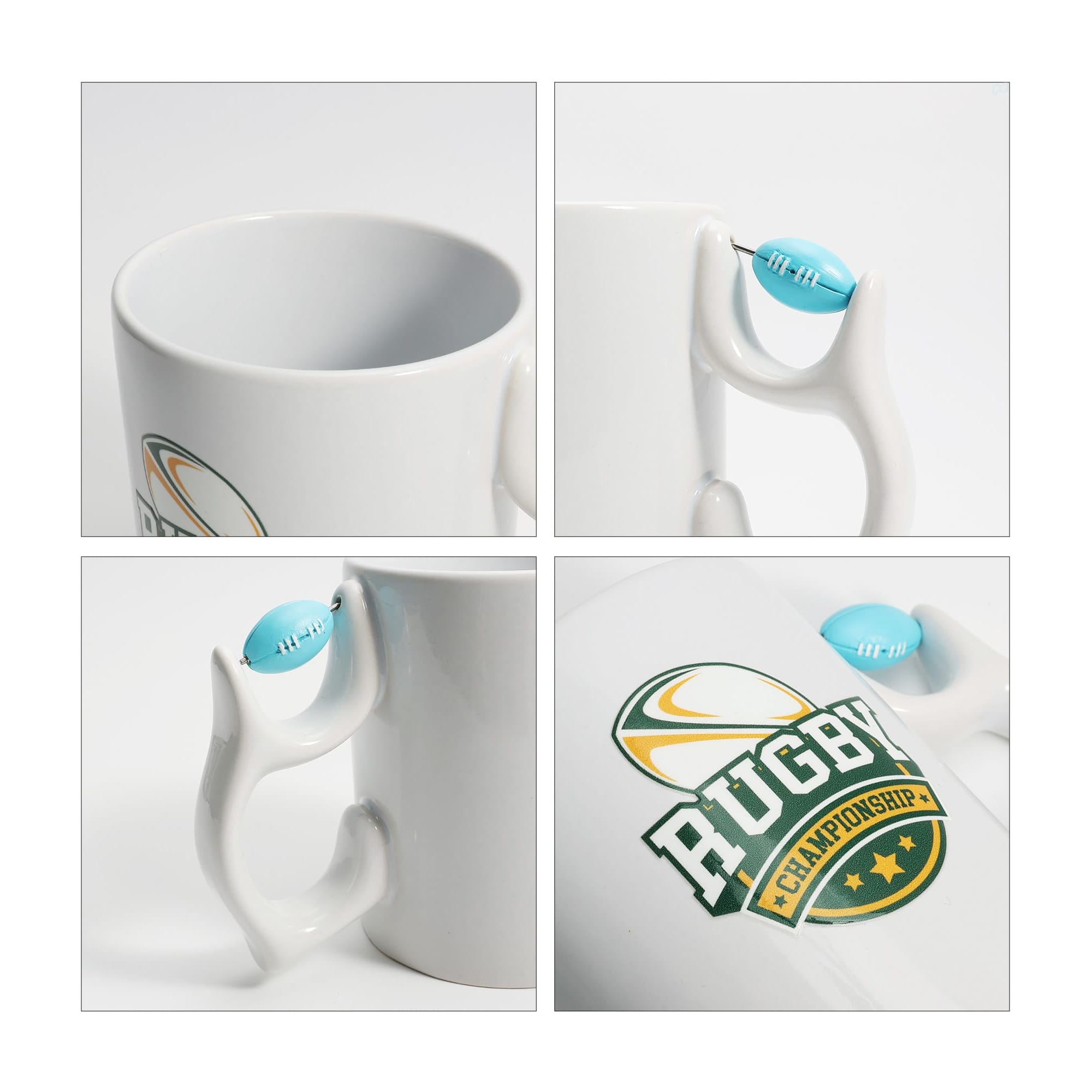 A white ceramic mug featuring a rugby-themed design and a blue custom spinner toy attached to the handle.