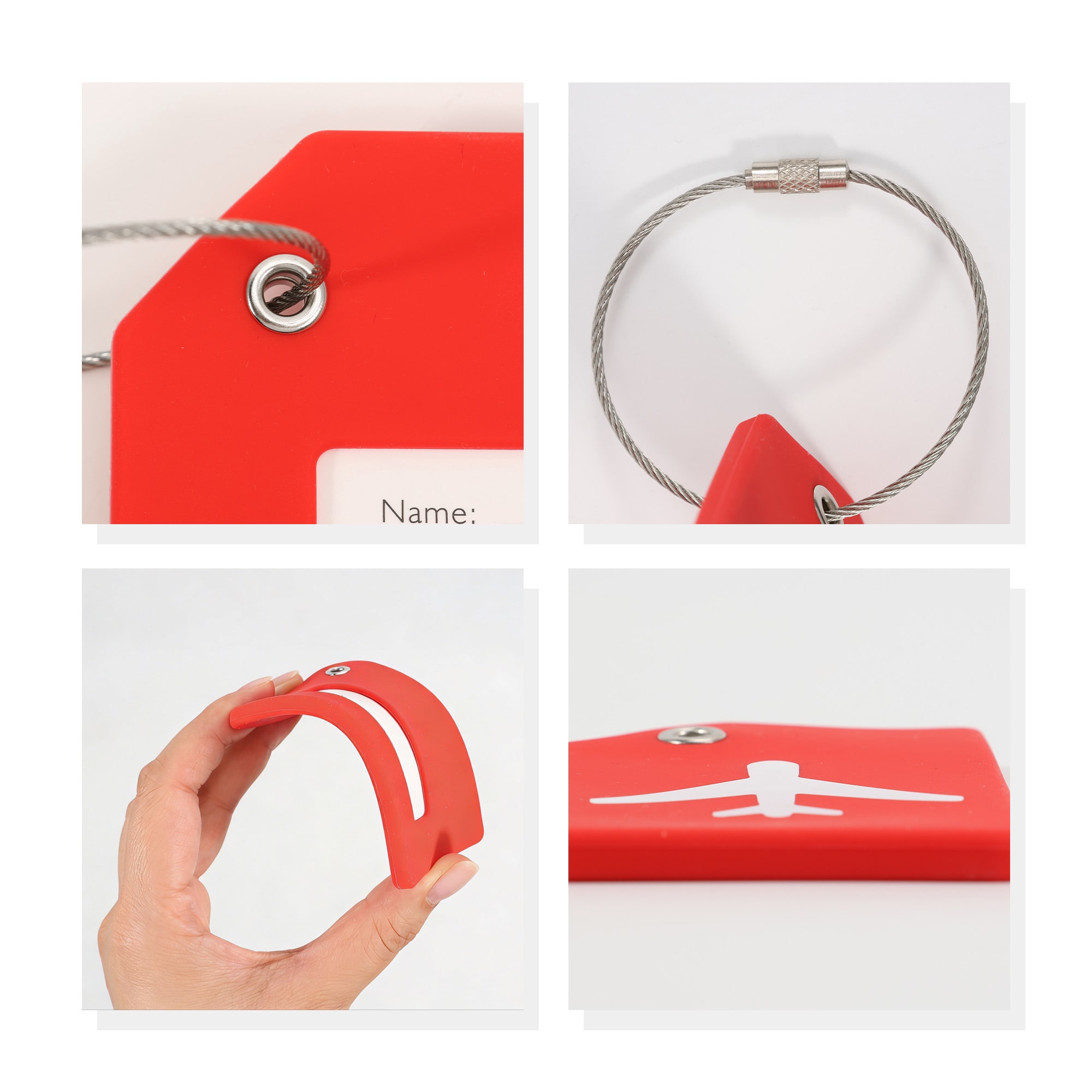 A red silicone luggage tag with a flexible design, featuring a metallic cable attachment and a logo.