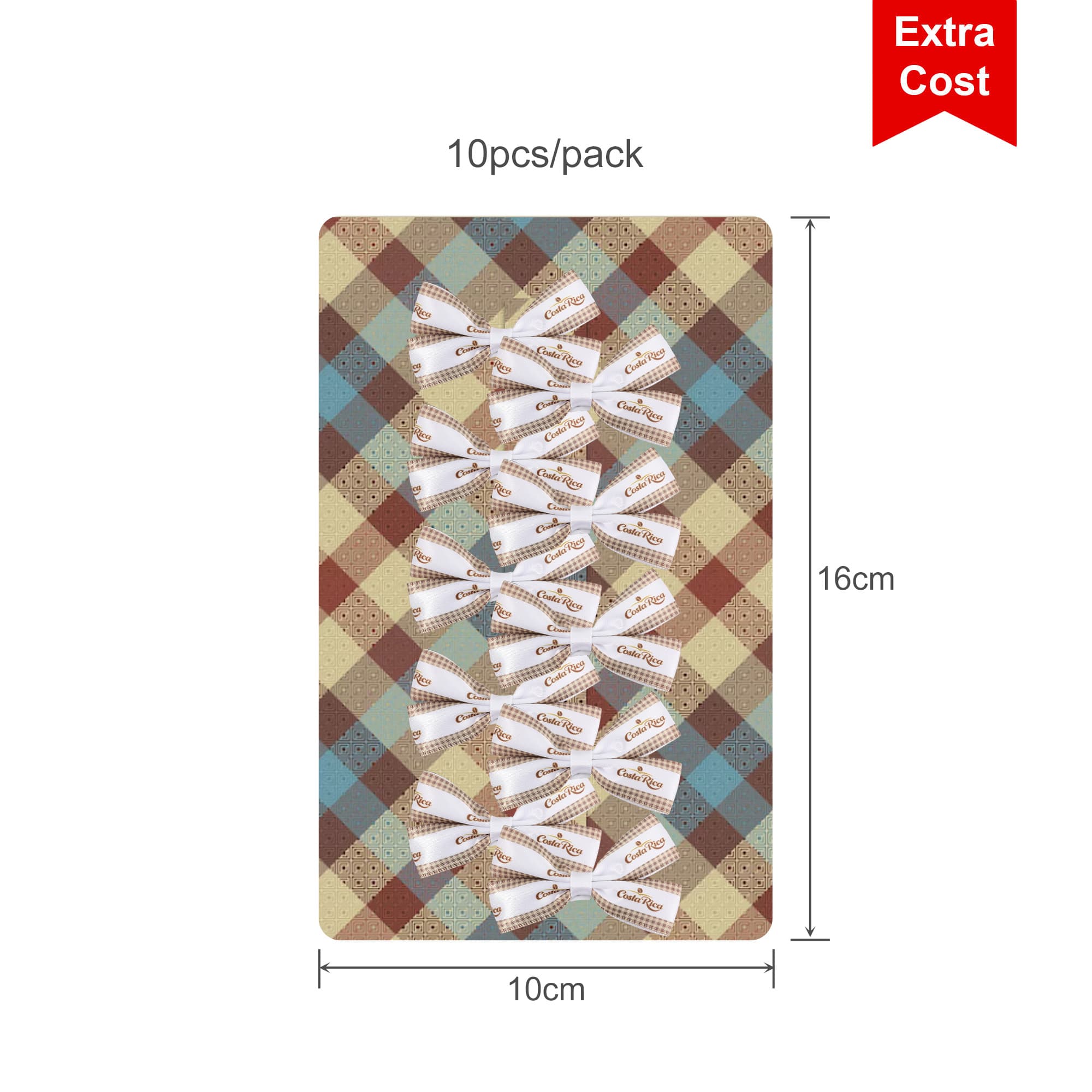 A pack of ten adhesive bows in white, arranged on a patterned backing in earthy tones.