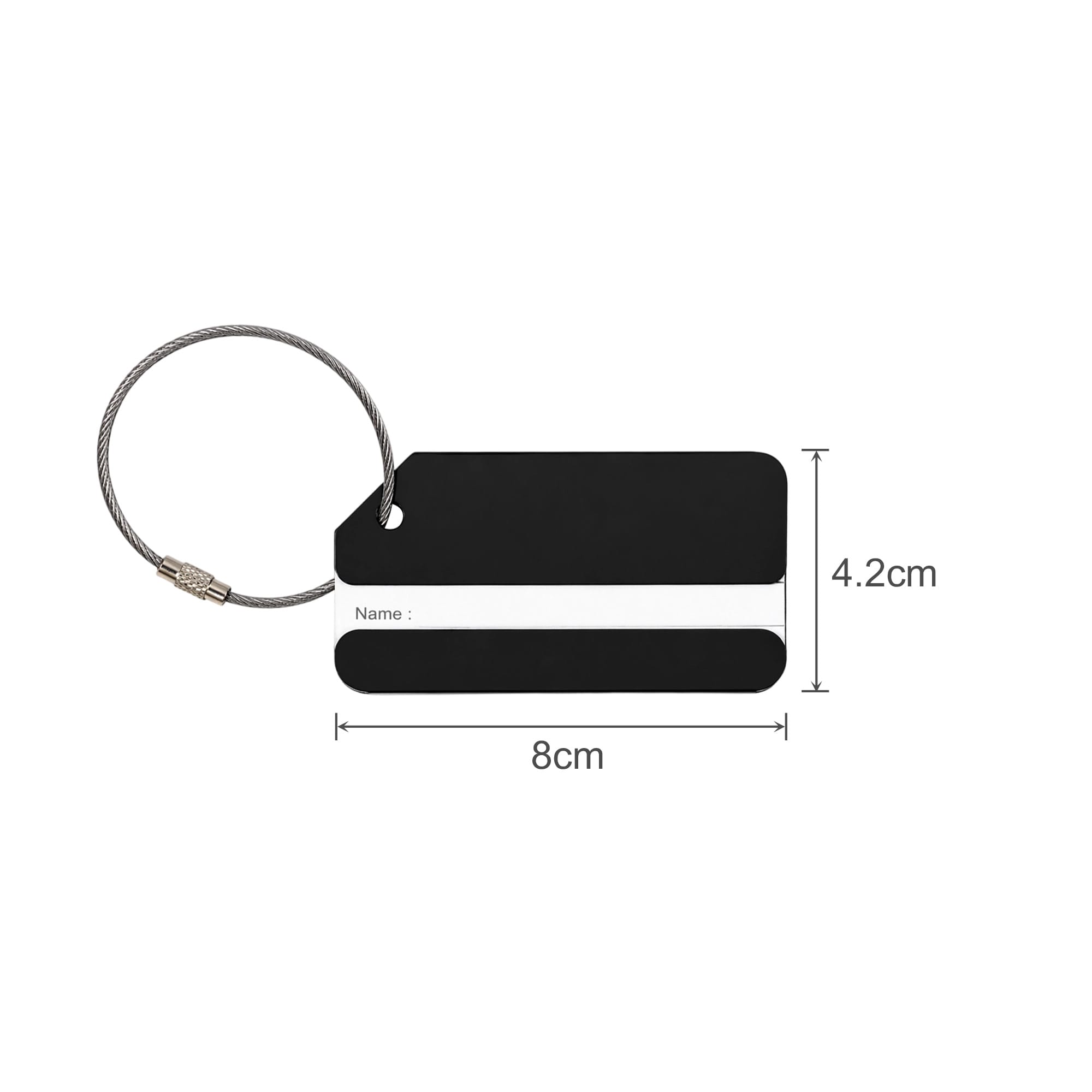 A square black aluminium luggage tag with a white stripe and a metal cable attachment. Dimensions included.
