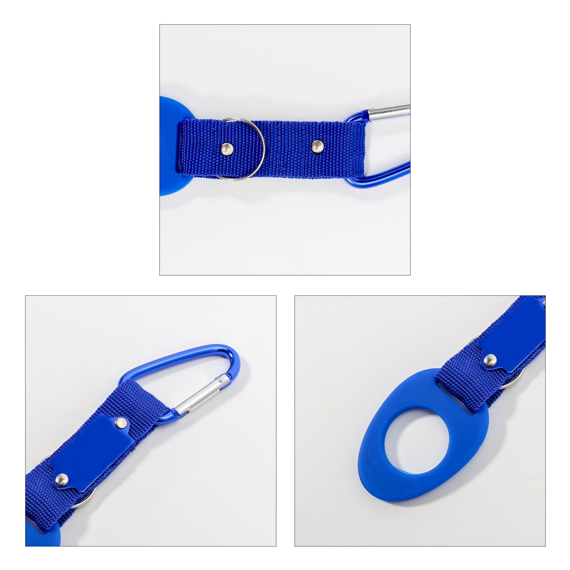 A drink bottle holder in blue with a carabiner clip, featuring a loop and strap design, and a logo.
