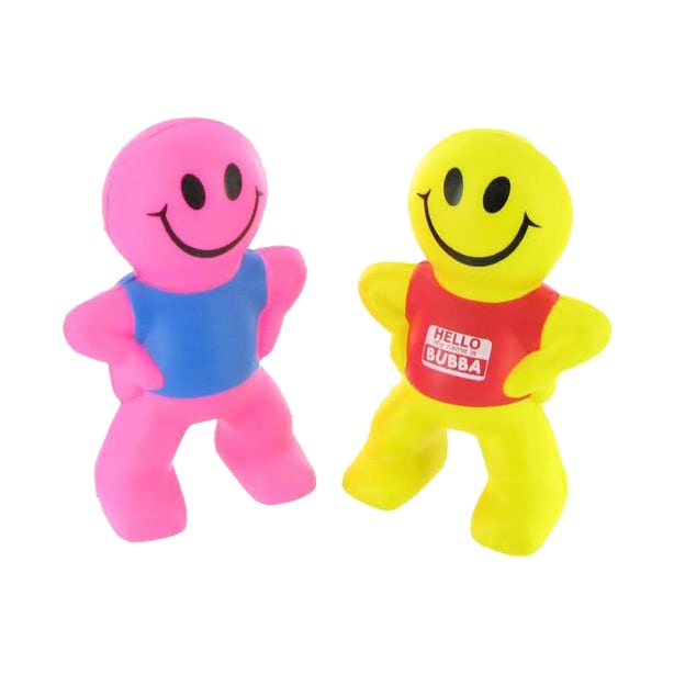 Two stress relievers shaped like smiling figures, one pink with a blue shirt, and the other yellow with a red shirt.