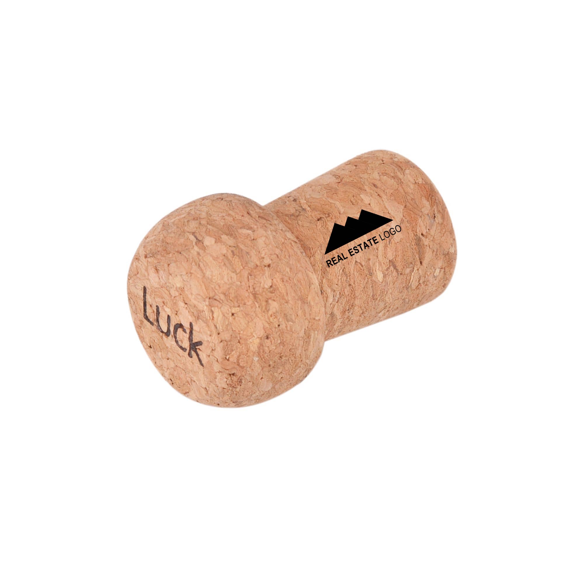 A champagne cork-shaped flash drive in natural cork colour with a logo and the word "Luck" engraved.